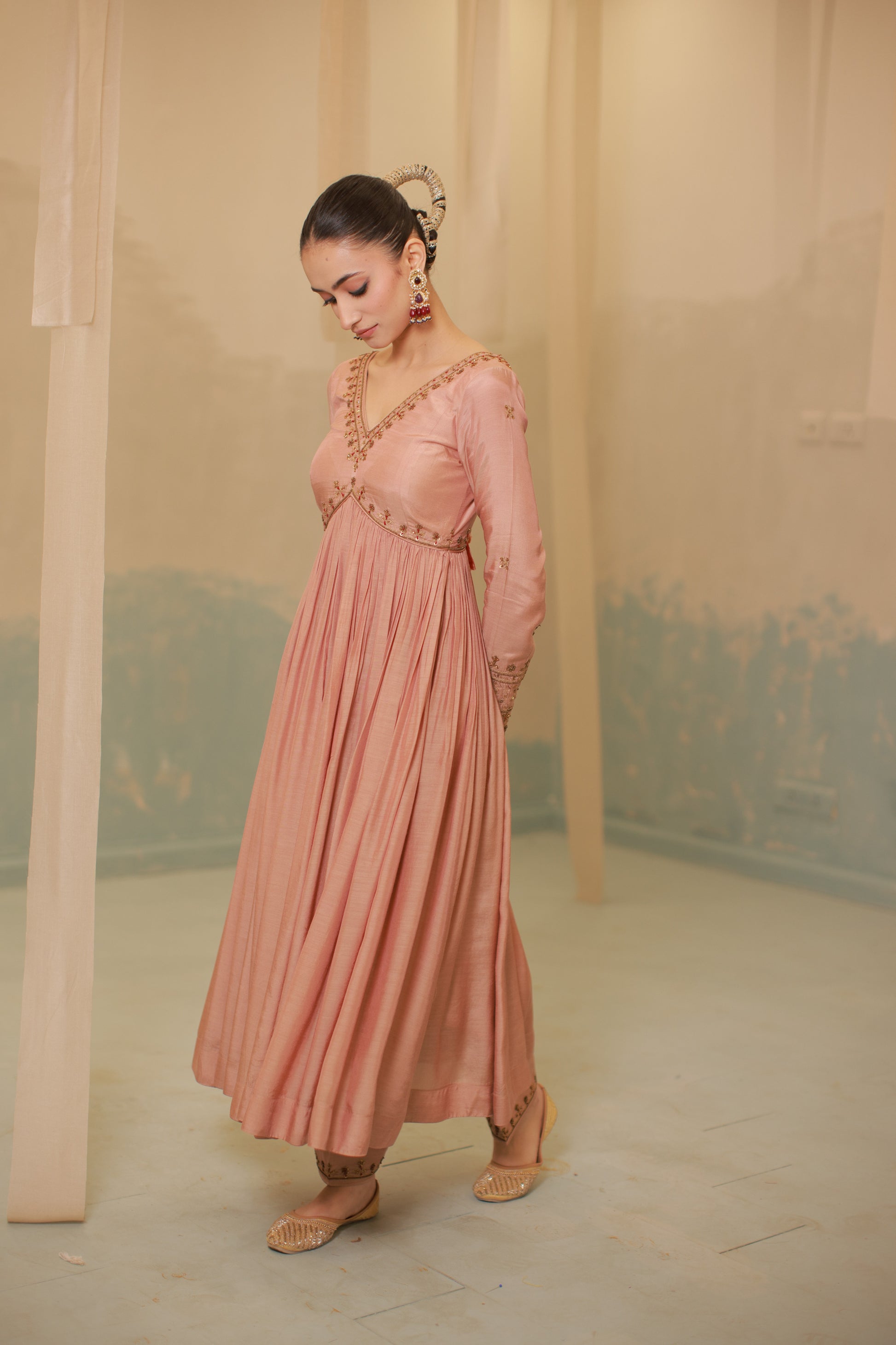 Cinnamon brown mul silk hand embroidered anarkali suit set