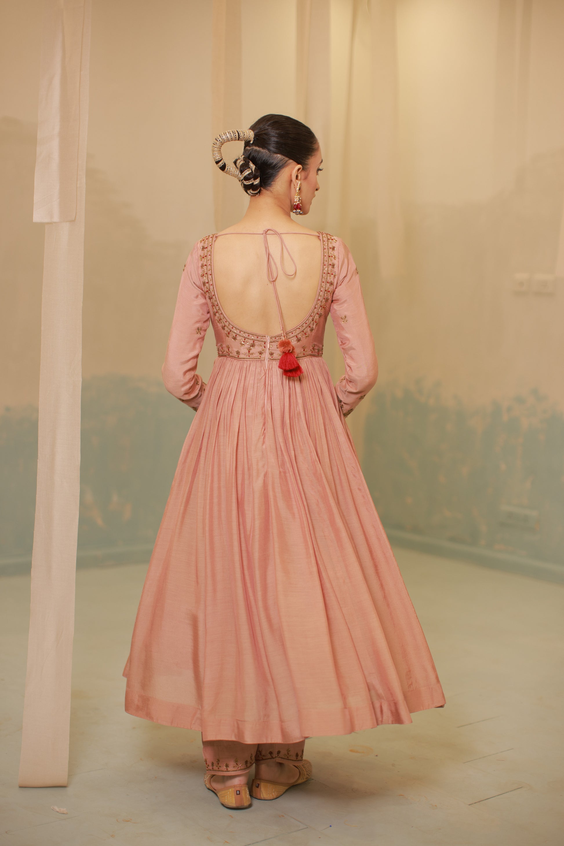 Cinnamon brown mul silk hand embroidered anarkali suit set
