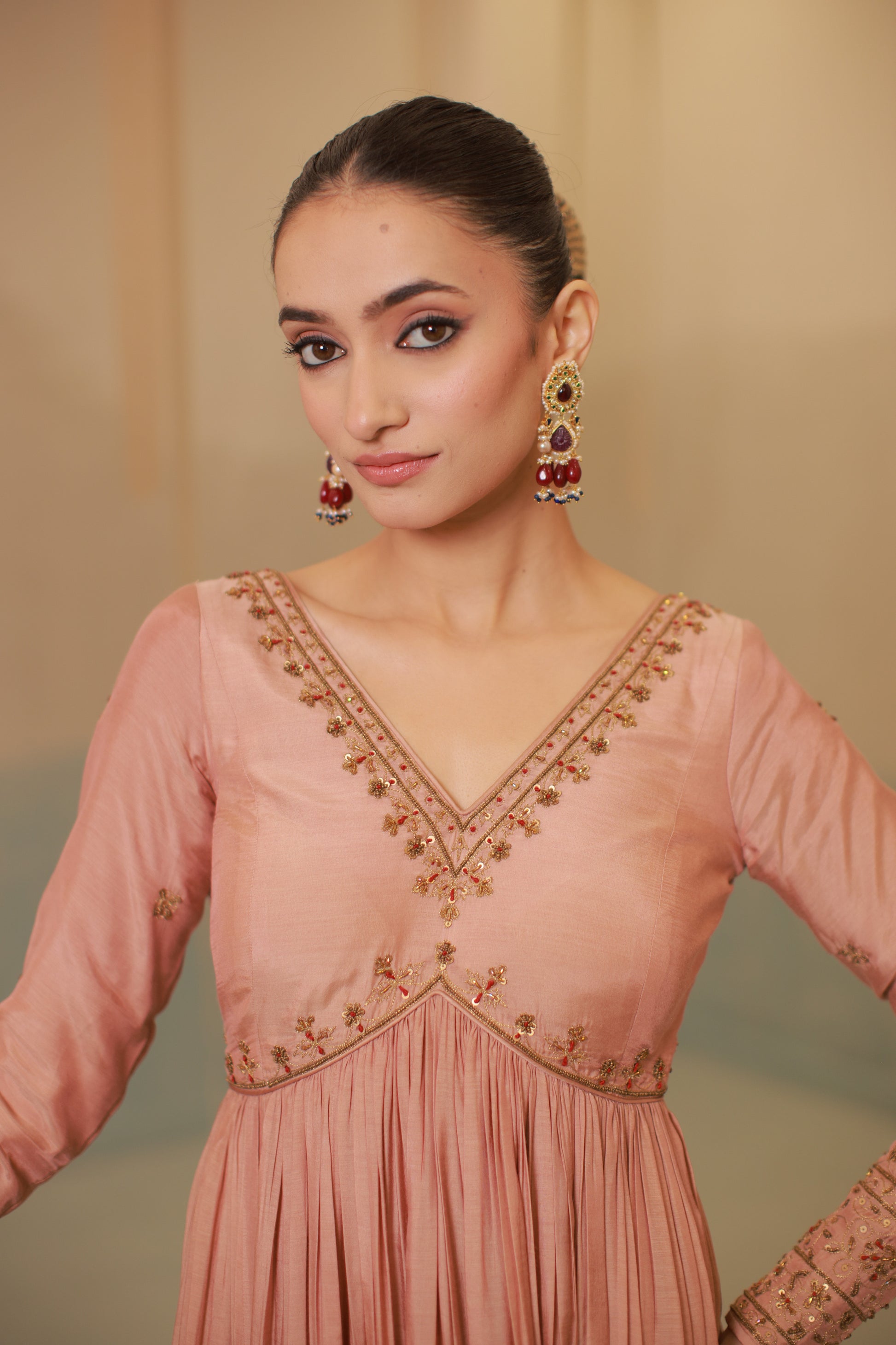 Cinnamon brown mul silk hand embroidered anarkali suit set