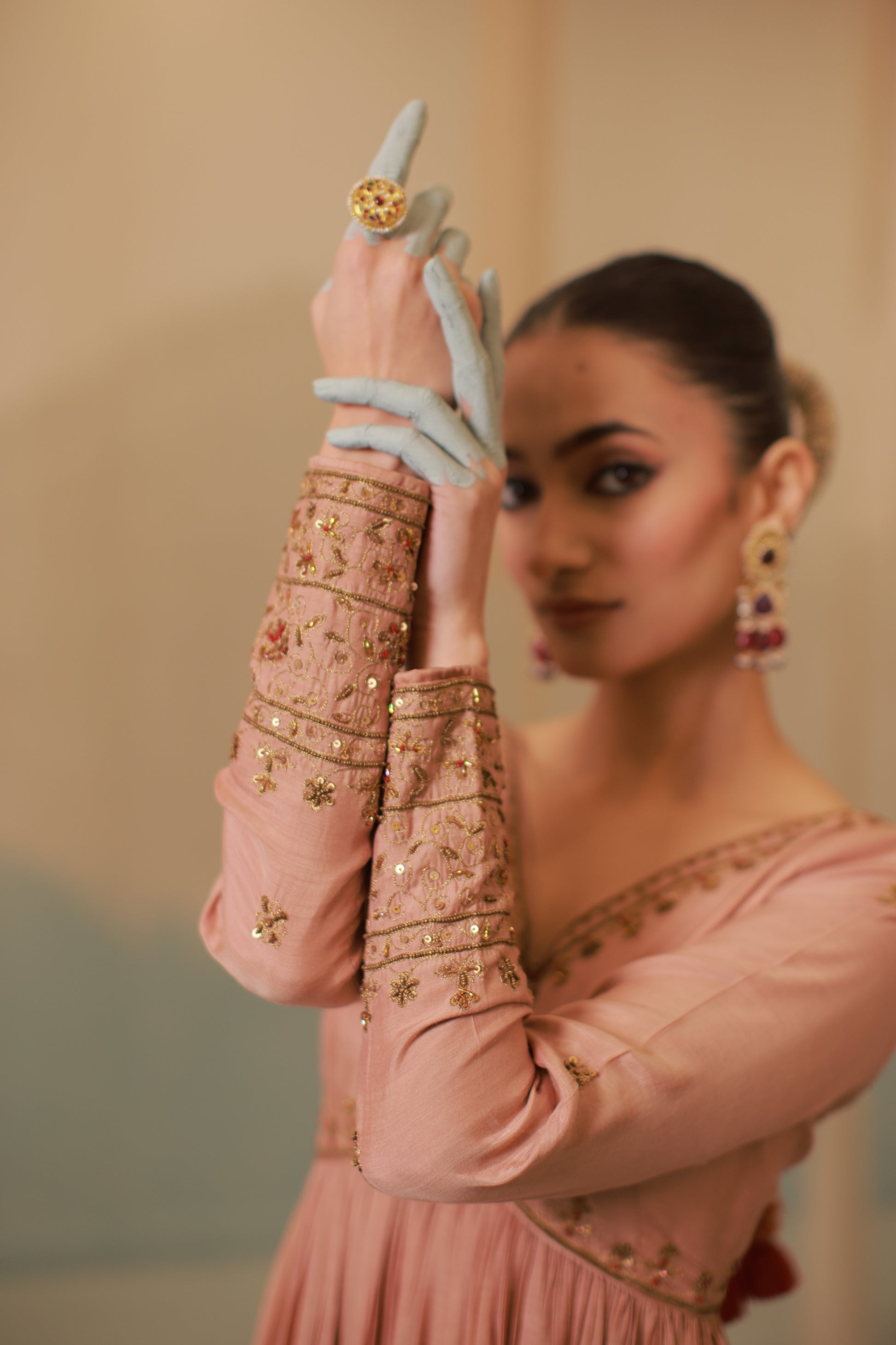 Cinnamon brown mul silk hand embroidered anarkali suit set