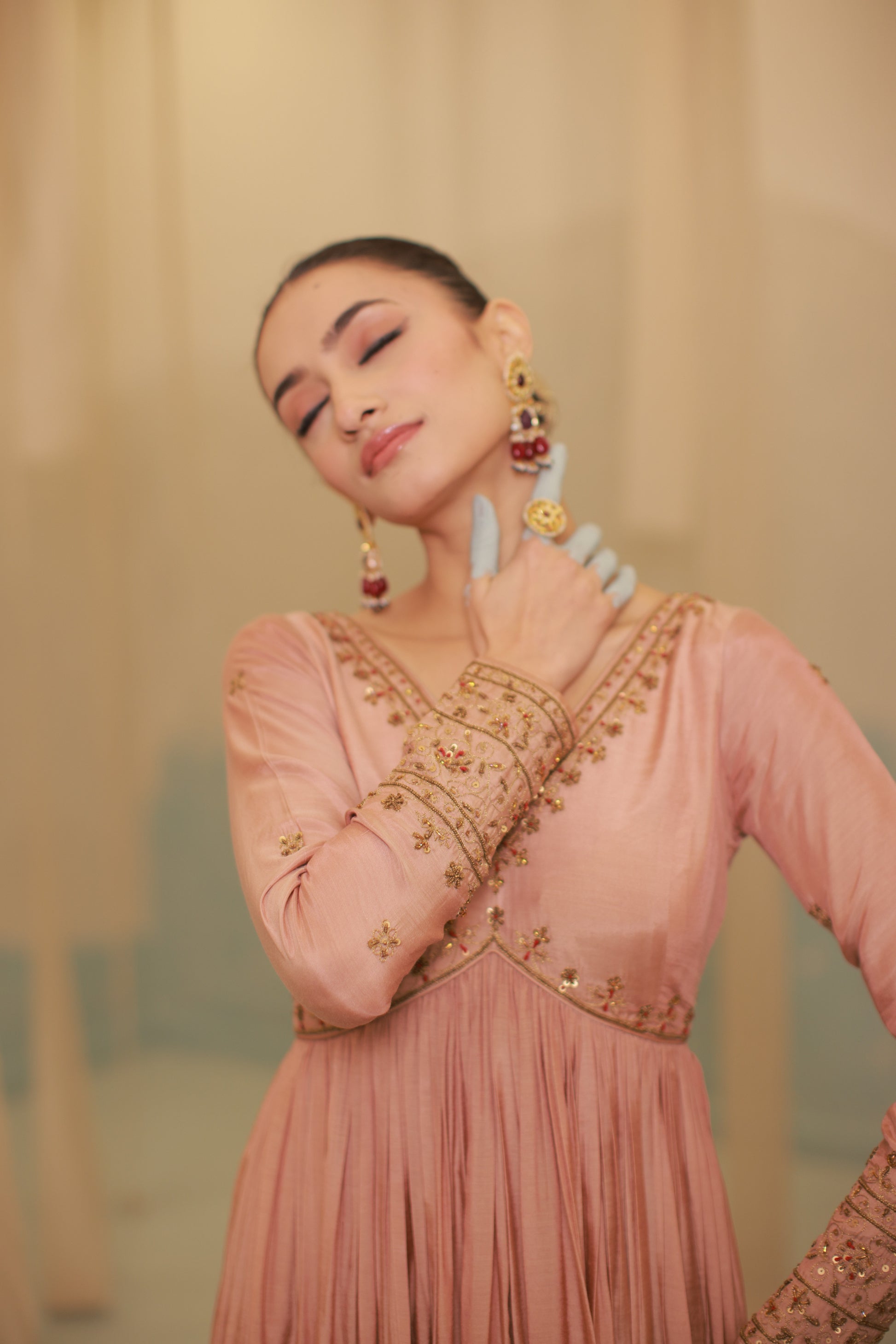 Cinnamon brown mul silk hand embroidered anarkali suit set