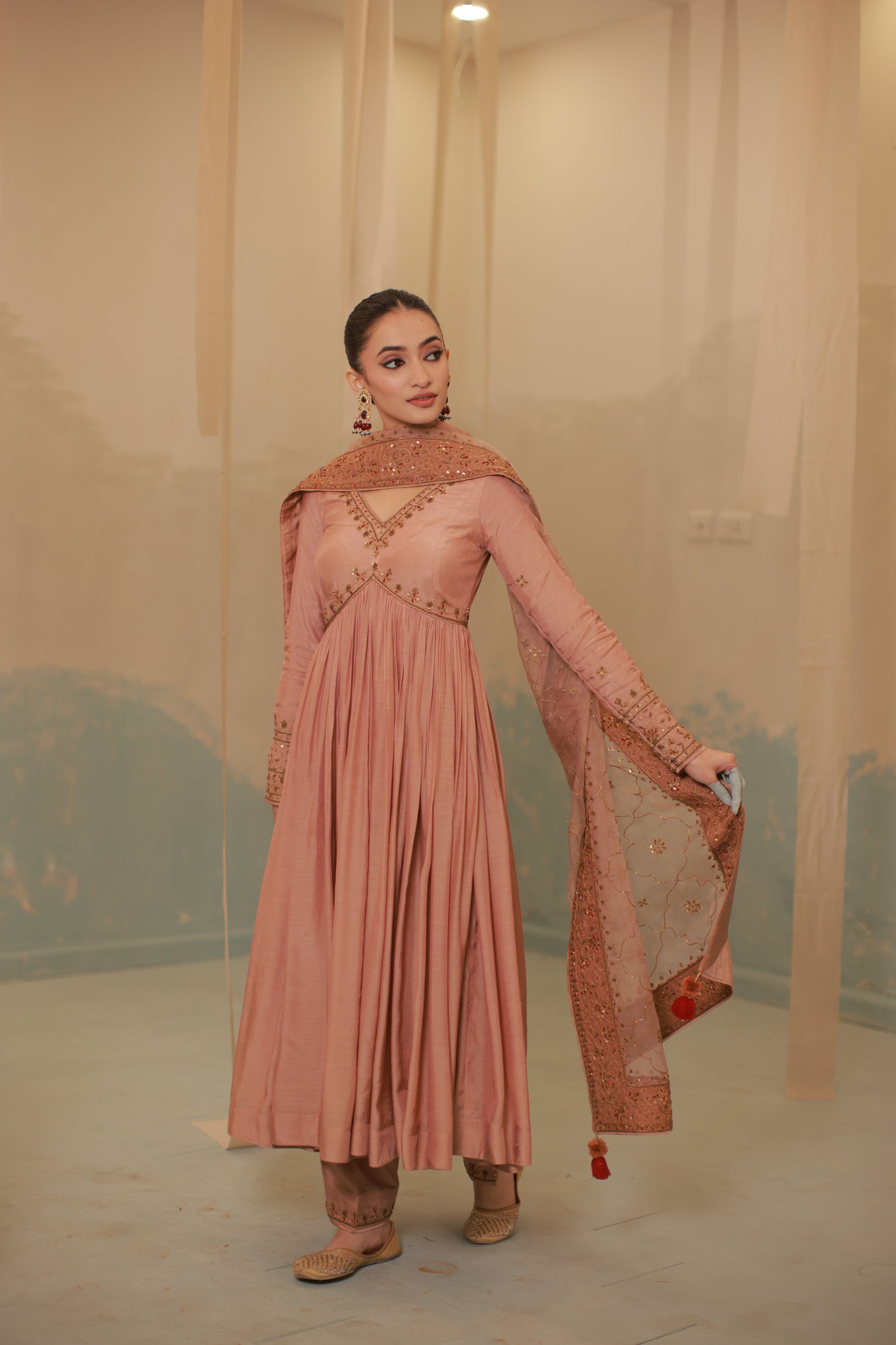 Cinnamon brown mul silk hand embroidered anarkali suit set