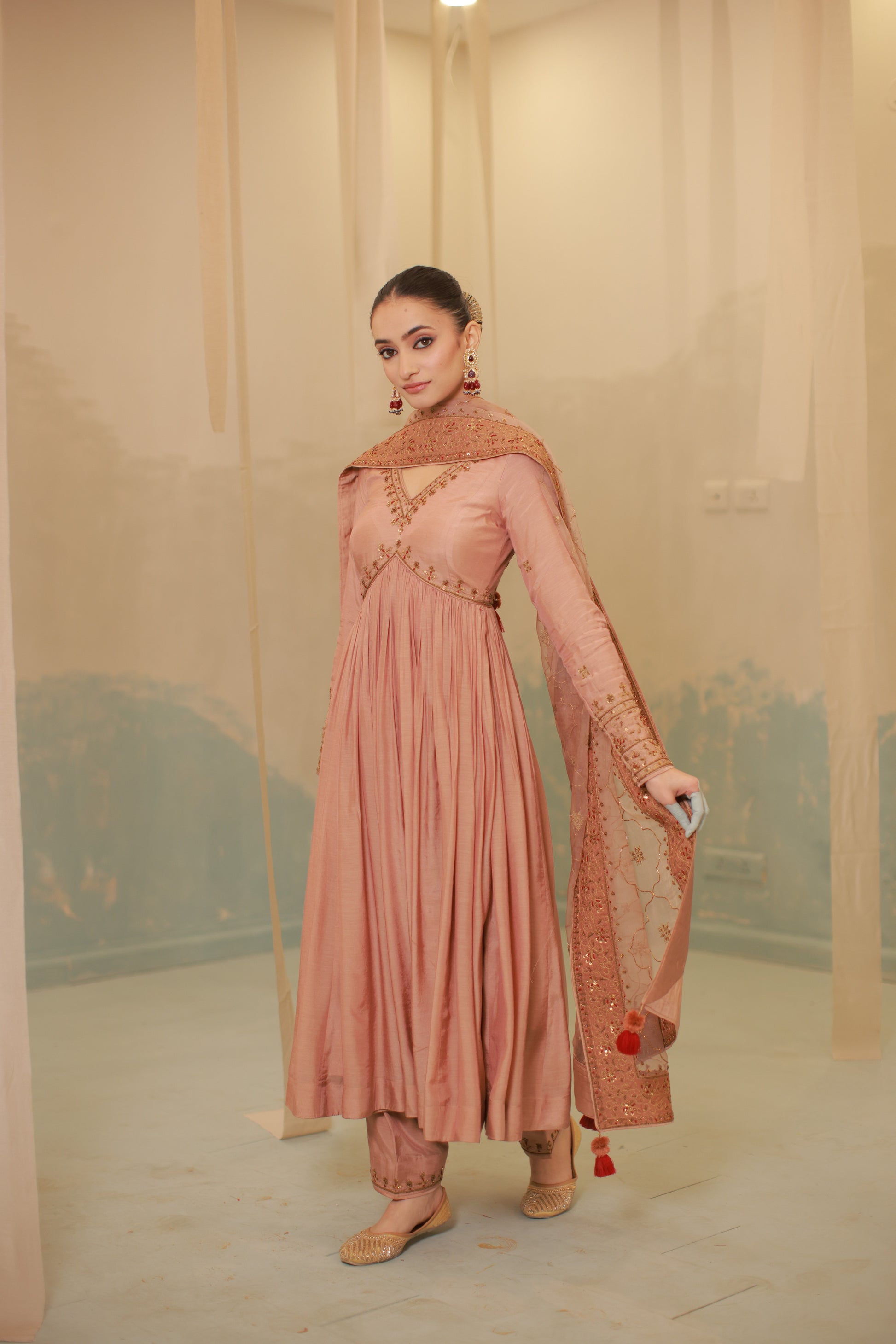 Cinnamon brown mul silk hand embroidered anarkali suit set