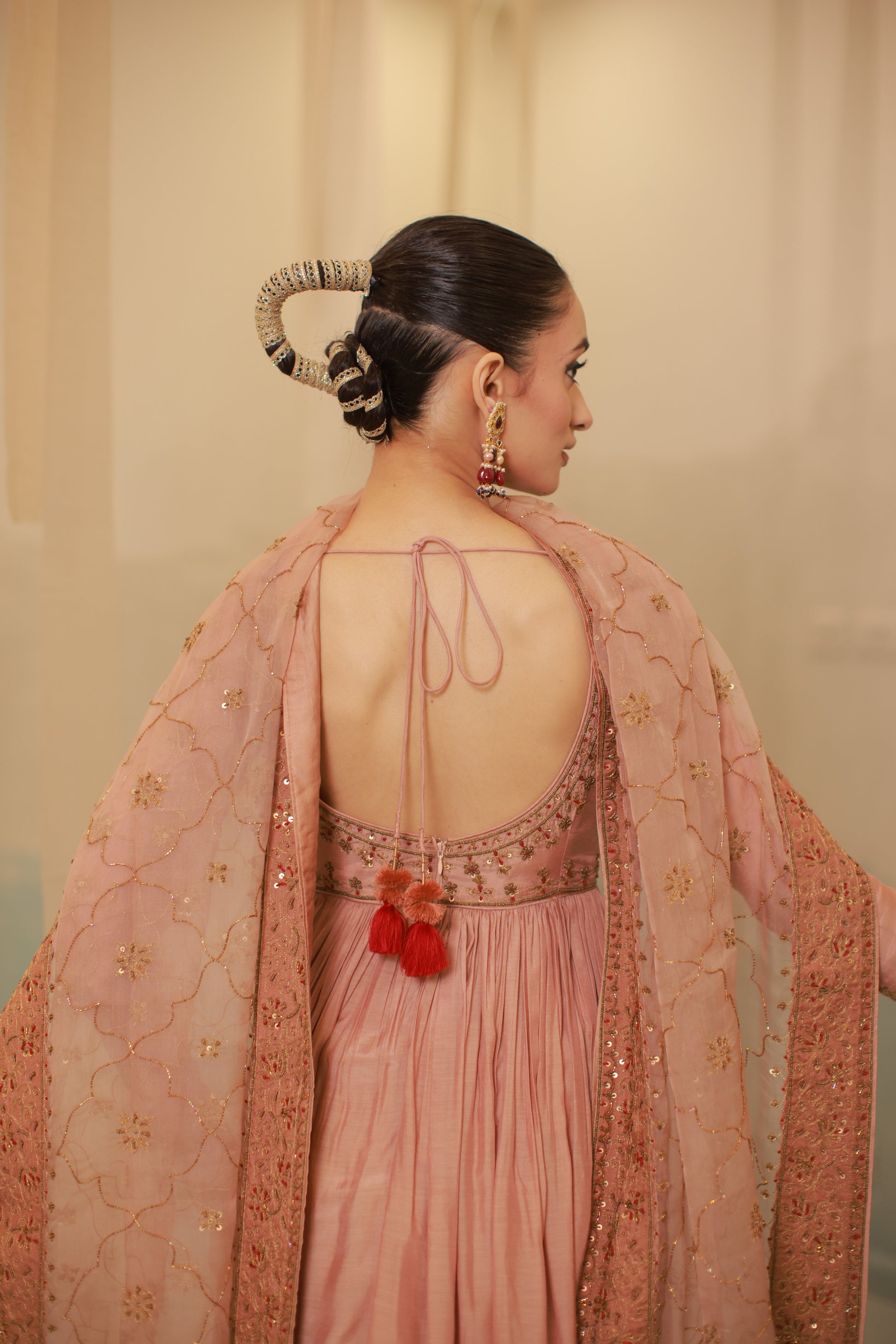 Cinnamon brown mul silk hand embroidered anarkali suit set