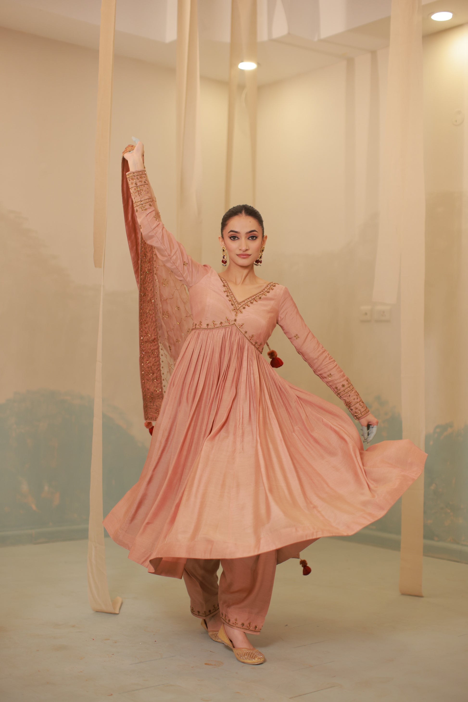 Cinnamon brown mul silk hand embroidered anarkali suit set