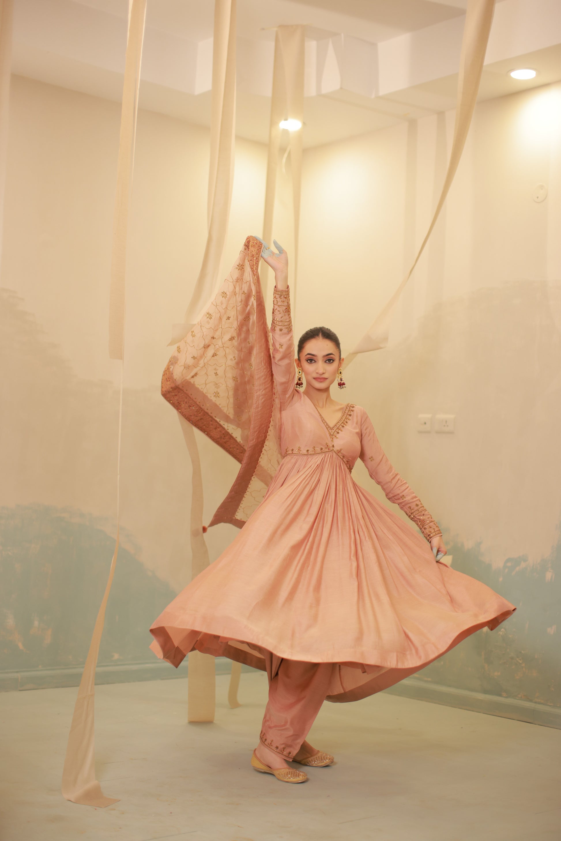 Cinnamon brown mul silk hand embroidered anarkali suit set