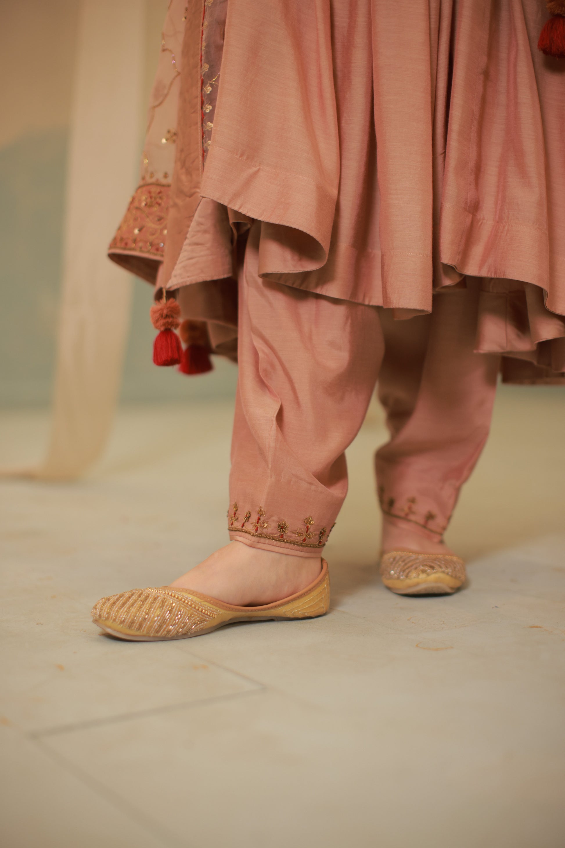 Cinnamon brown mul silk hand embroidered anarkali suit set
