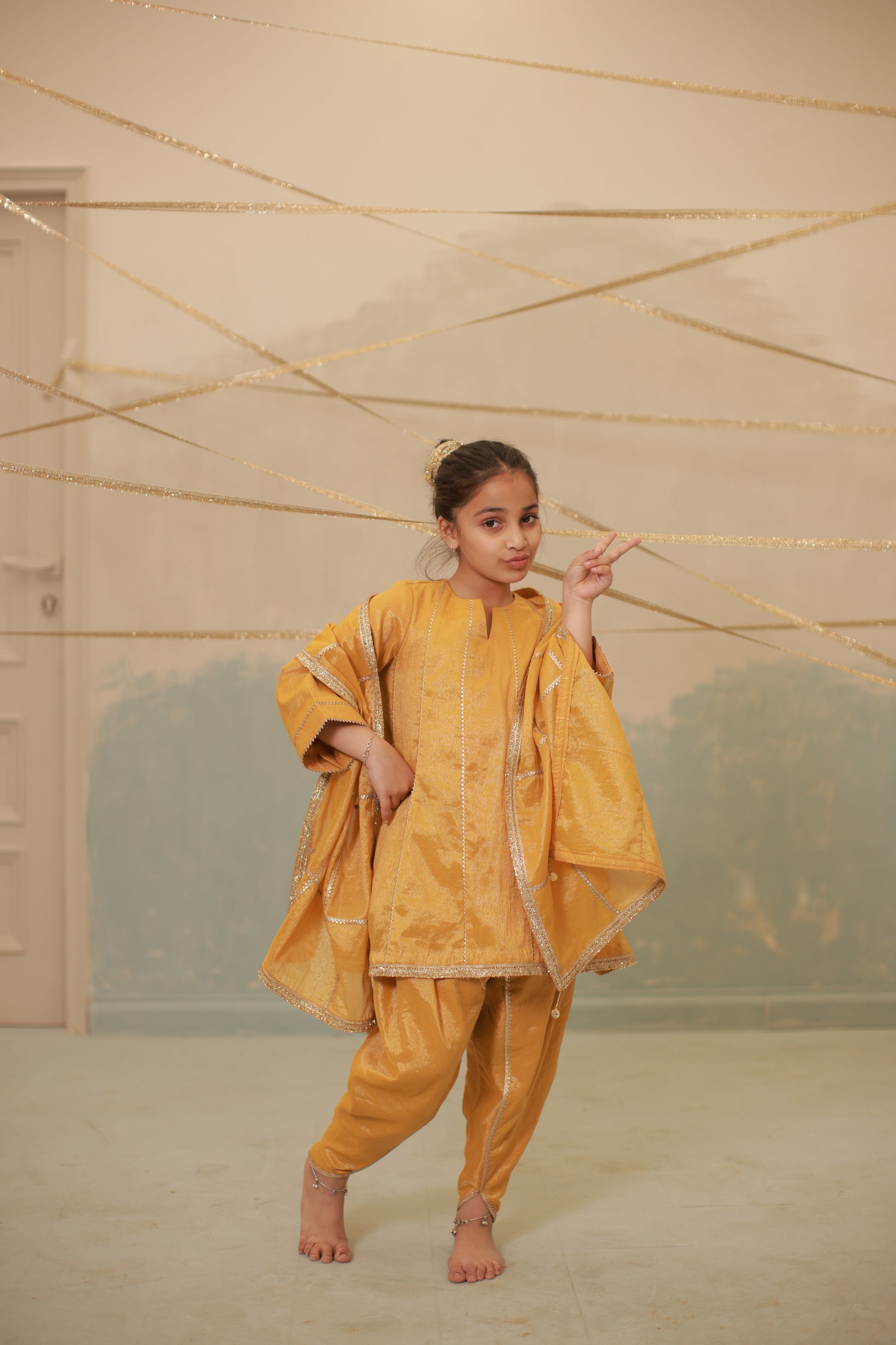 Haldi yellow short anarkali suit set for kids