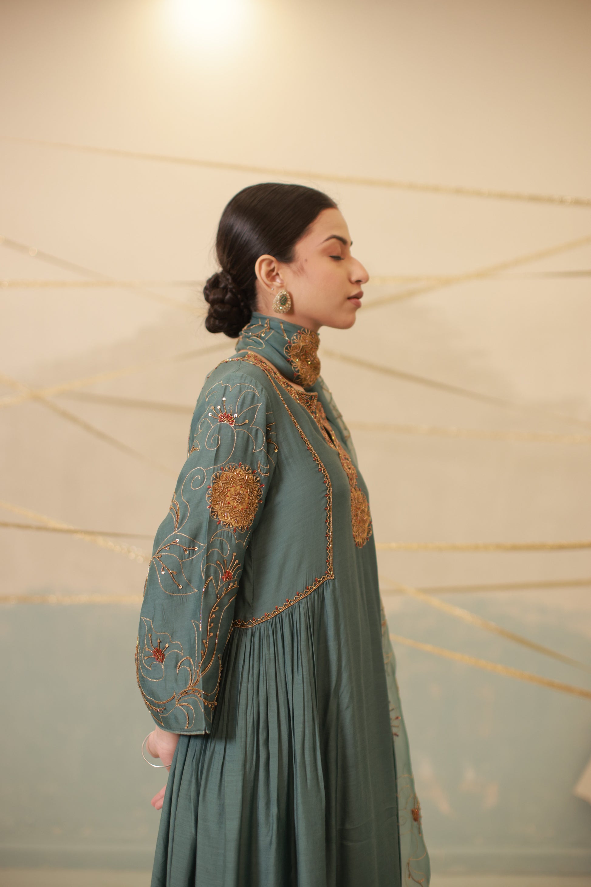 Airforce blue hand embroidered side gathered suit set