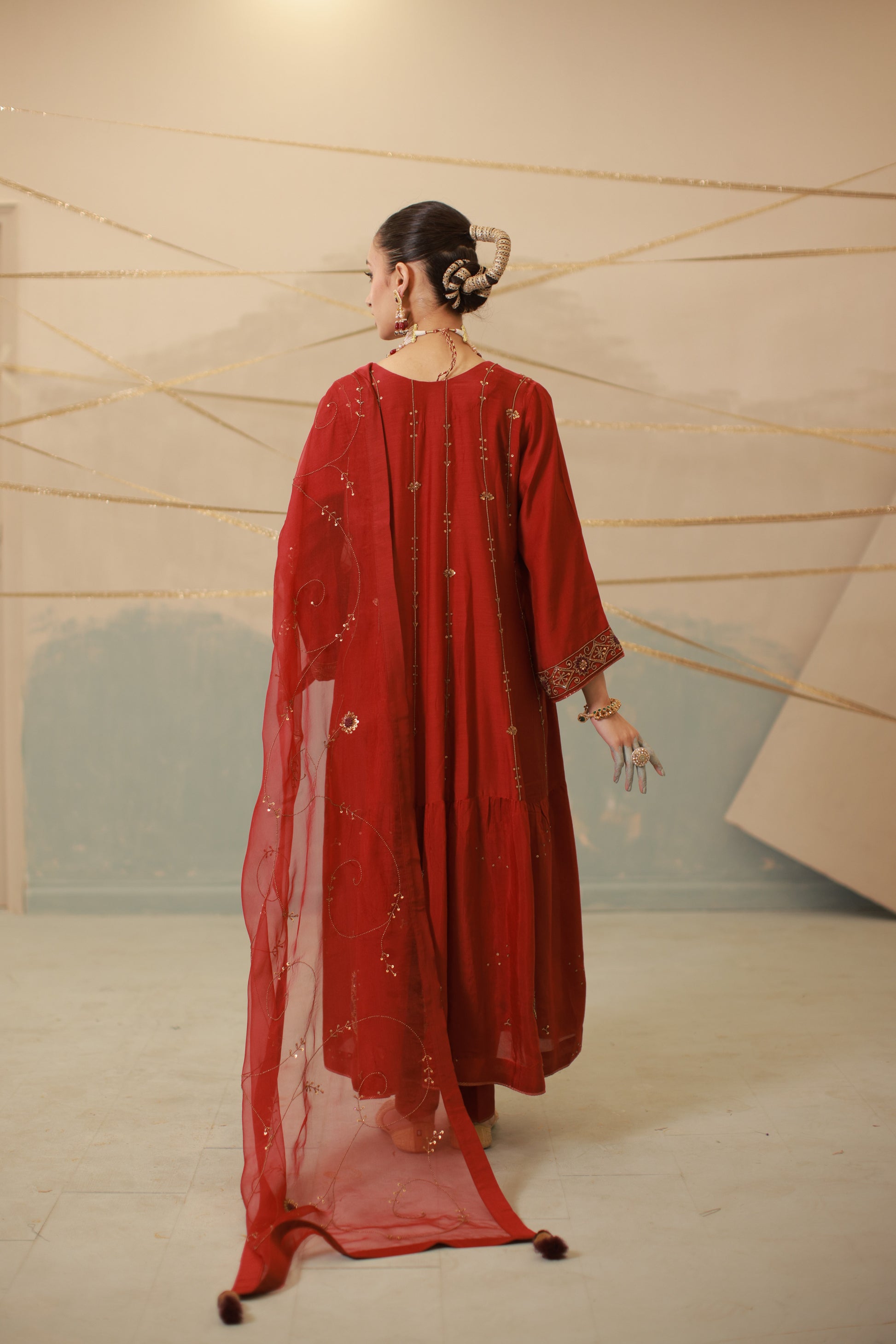 Deep red hand embroidered mul chanderi anarkali suit set