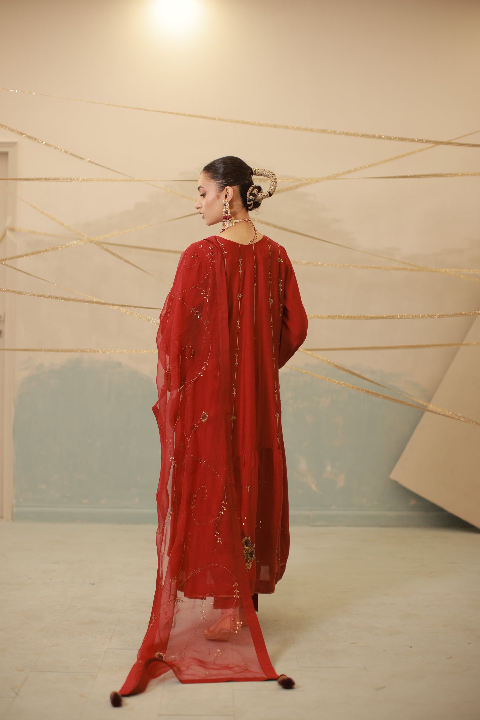 Deep red hand embroidered mul chanderi anarkali suit set