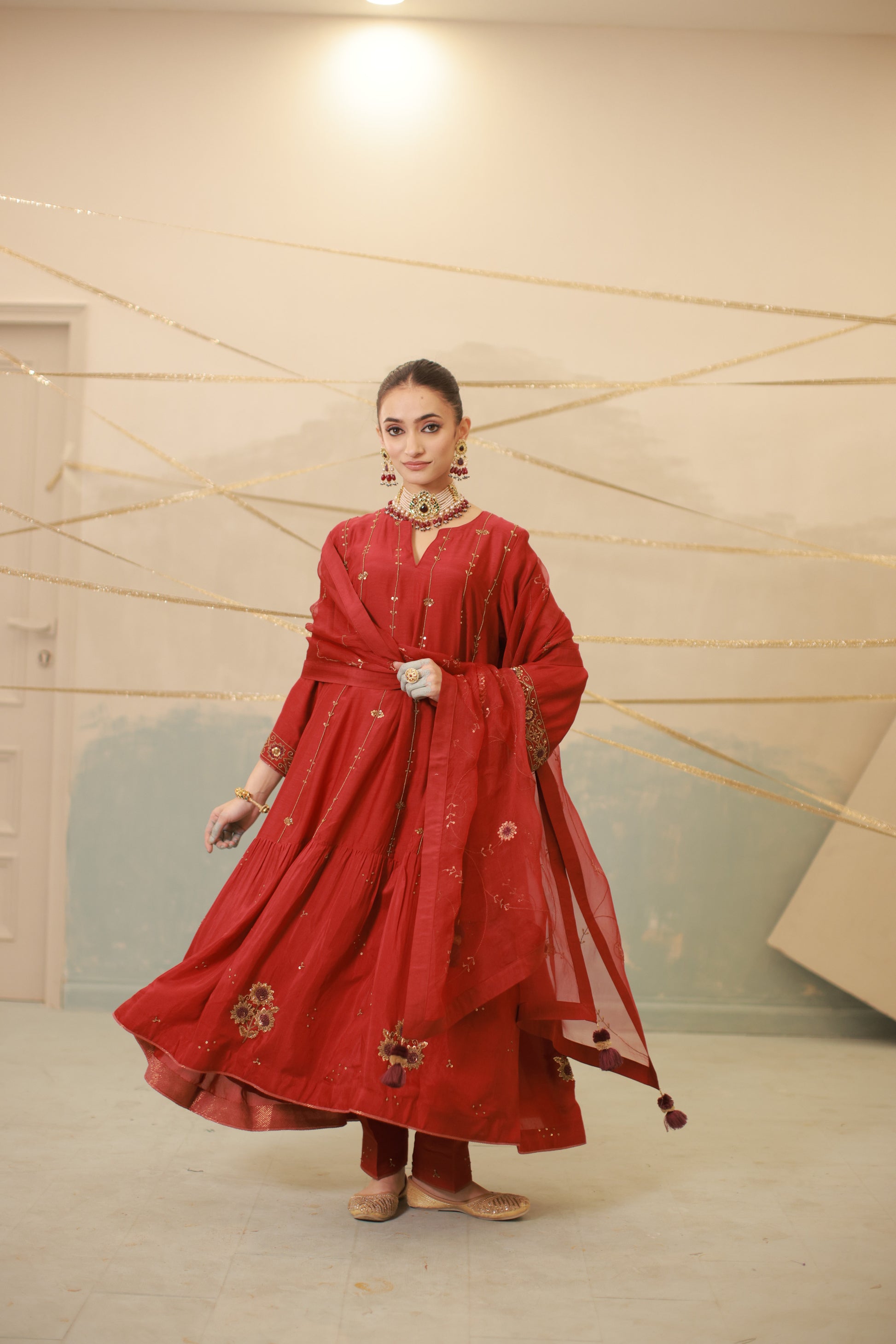 Deep red hand embroidered mul chanderi anarkali suit set
