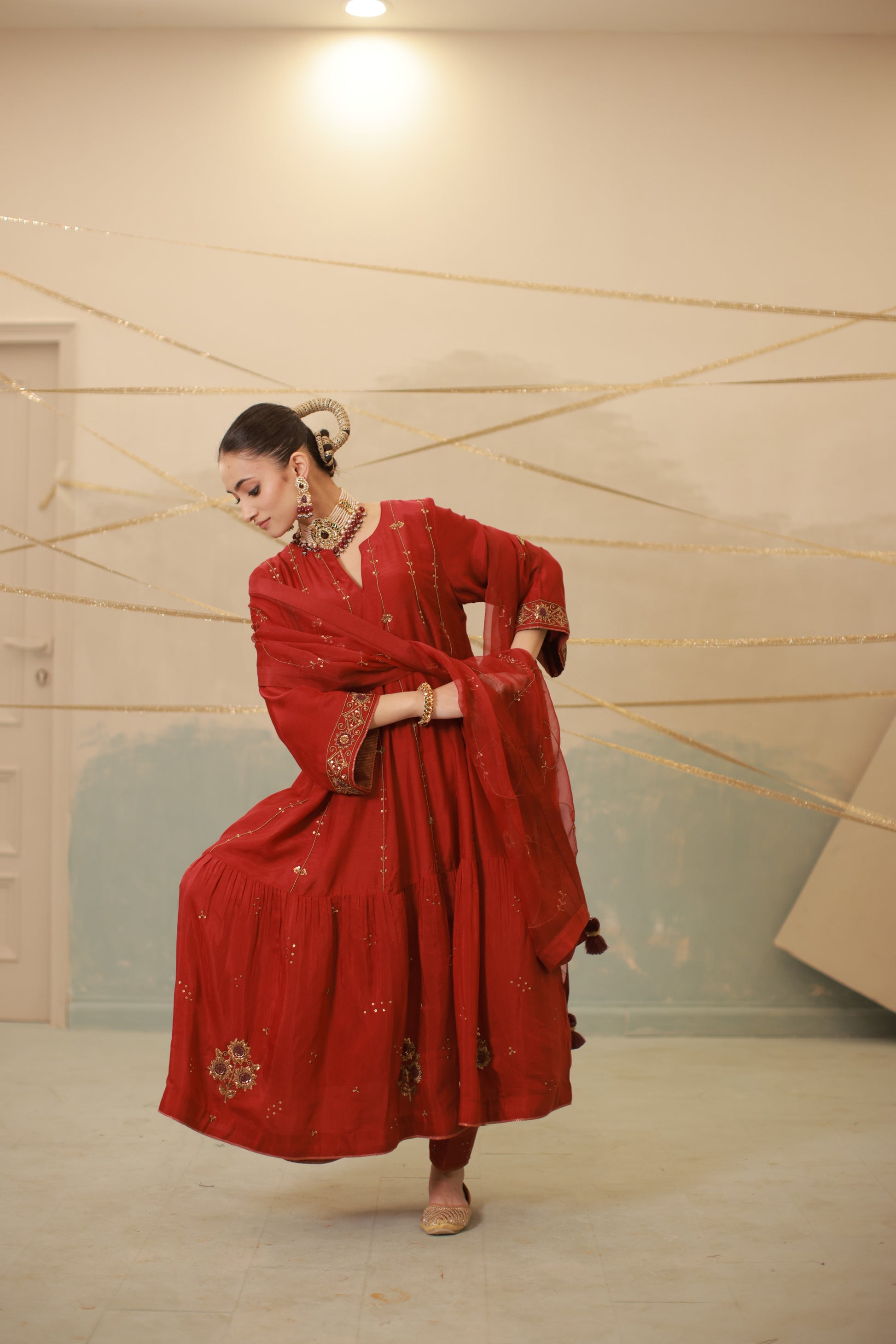 Deep red hand embroidered mul chanderi anarkali suit set
