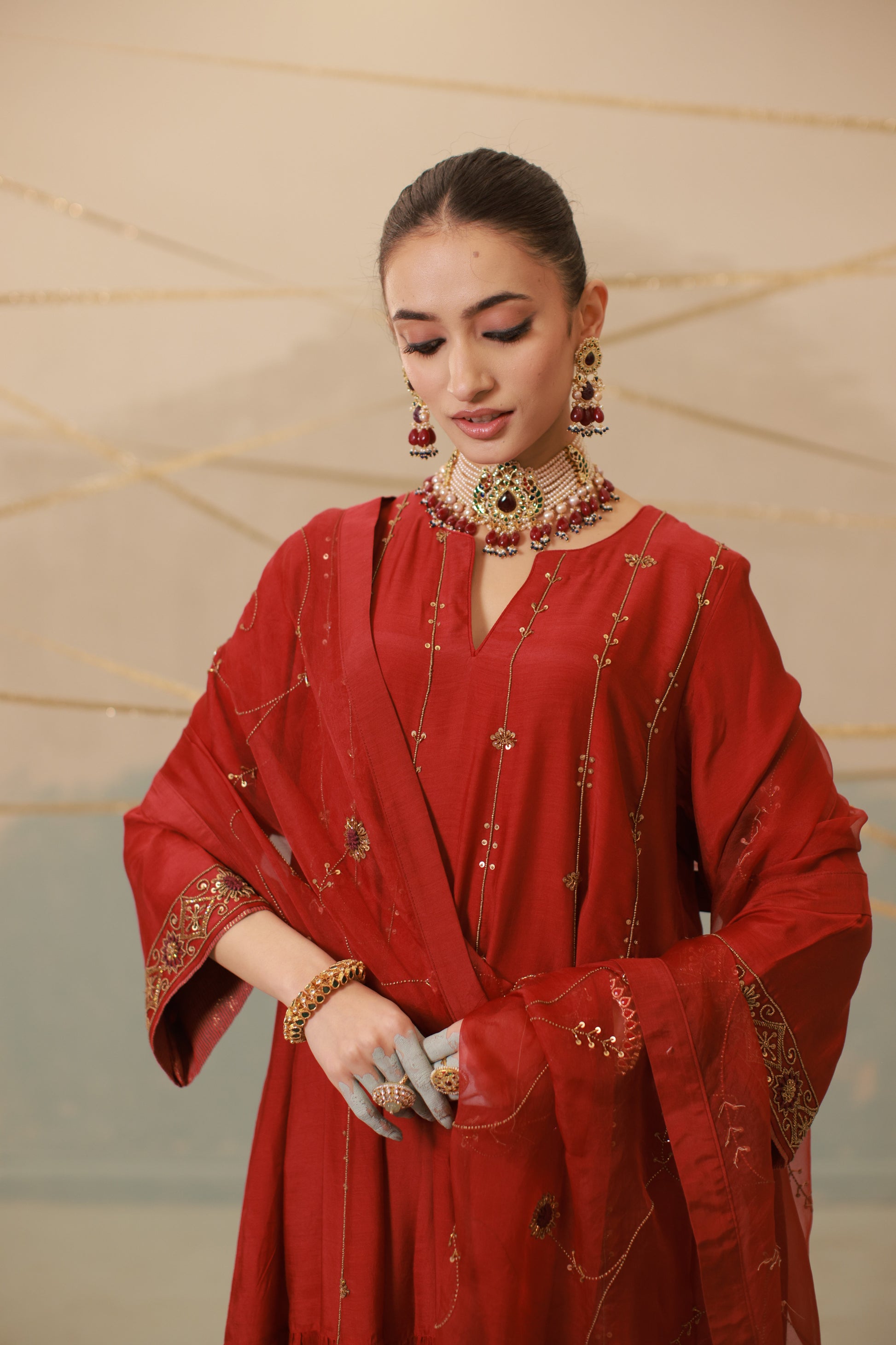Deep red hand embroidered mul chanderi anarkali suit set