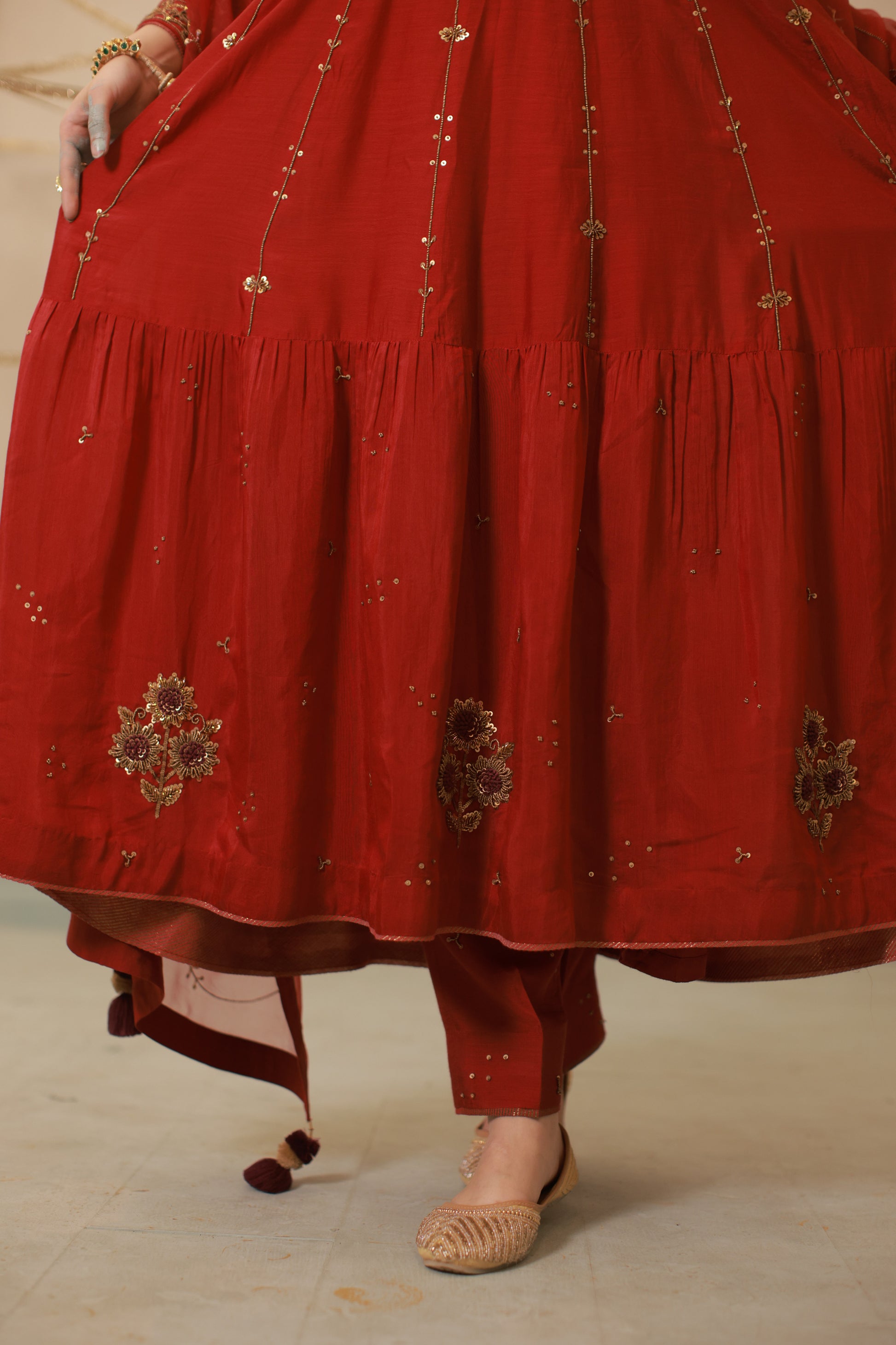 Deep red hand embroidered mul chanderi anarkali suit set