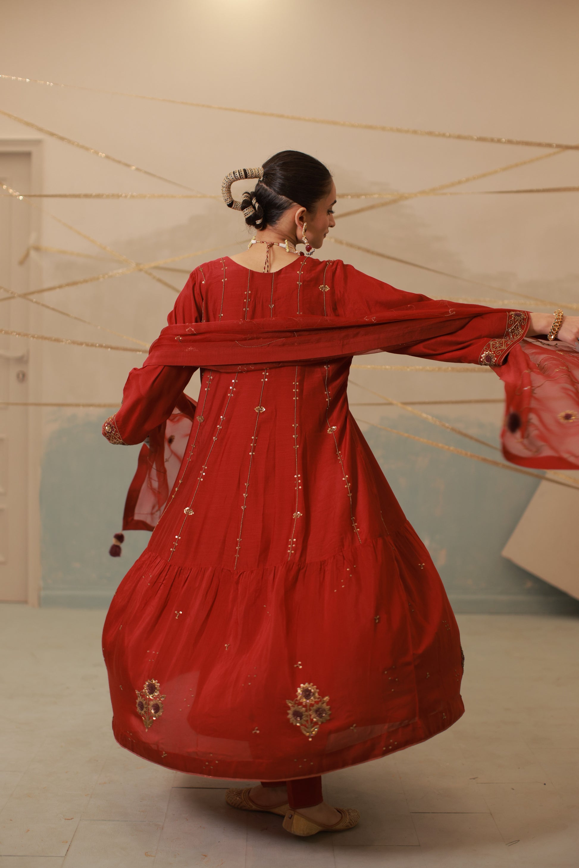 Deep red hand embroidered mul chanderi anarkali suit set