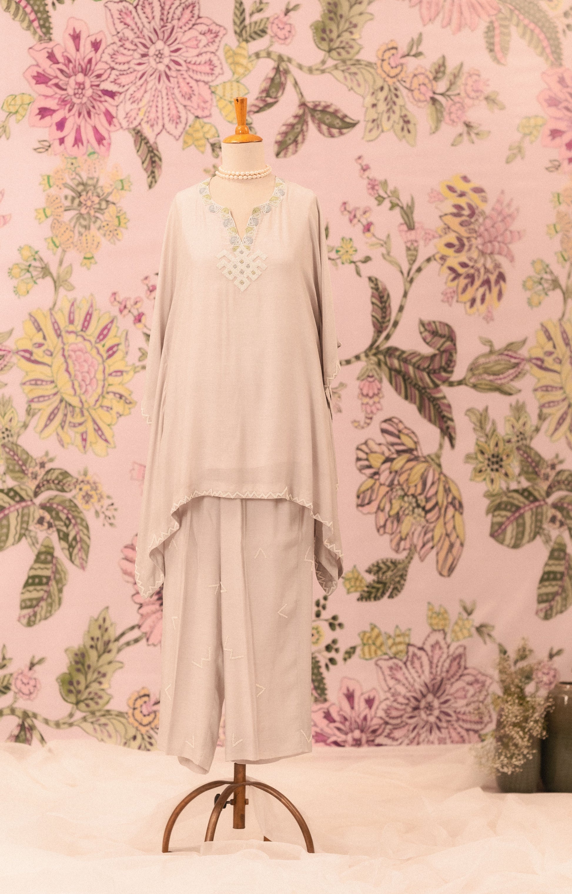Grey Mul Silk Pearl Embellished Co-Ord Set