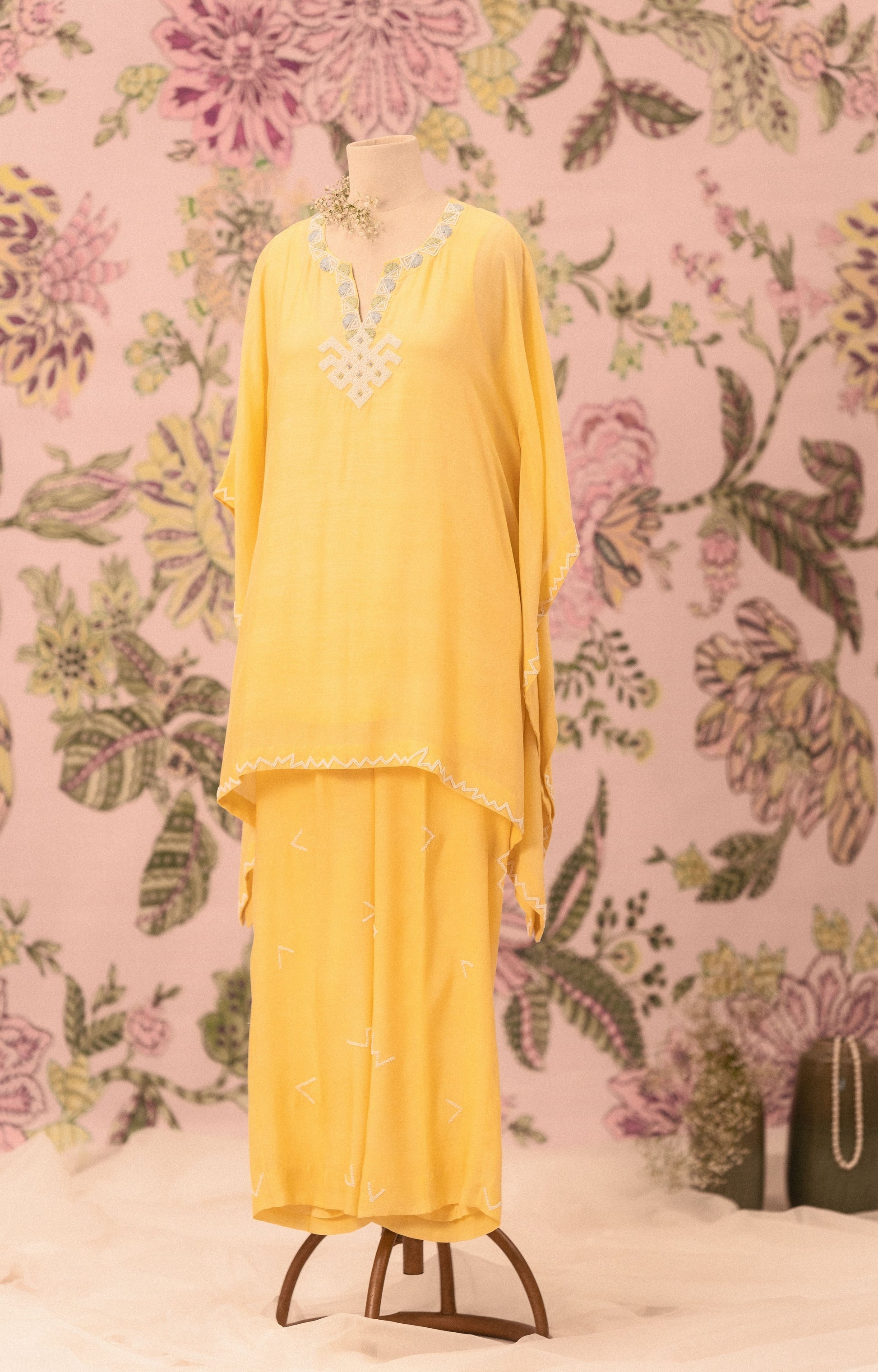 Yellow Mul Silk Pearl Embellished Co-Ord Set