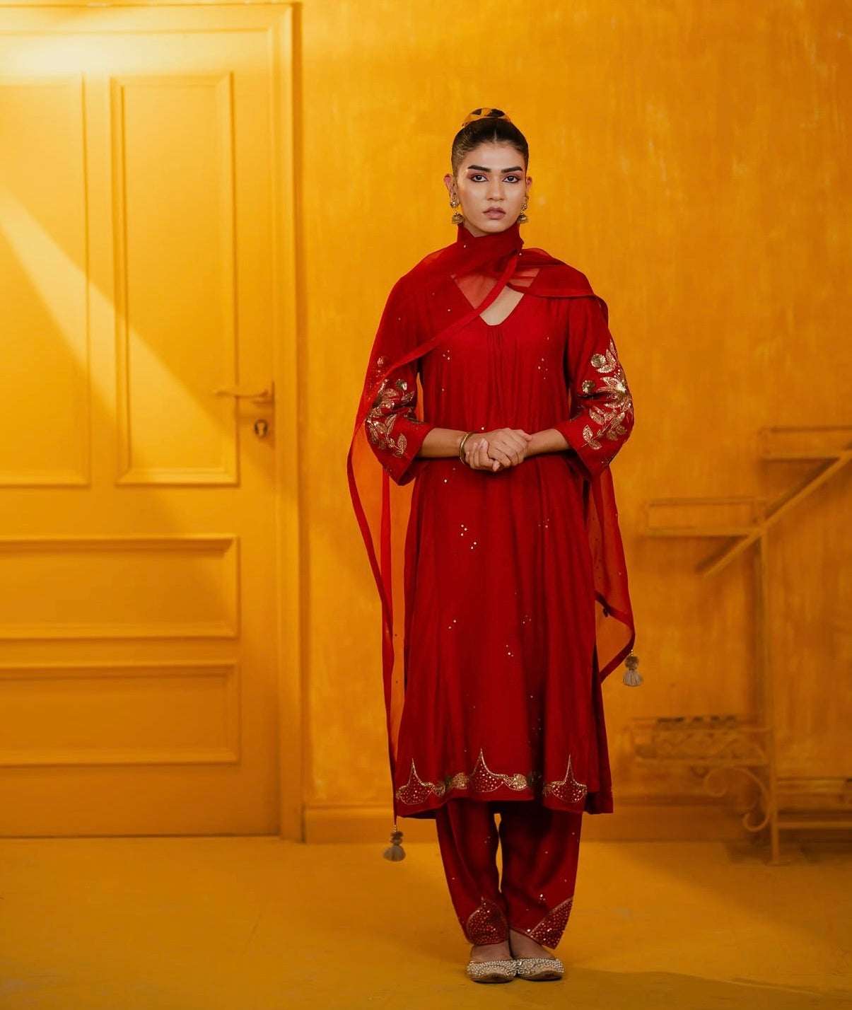 Red Mul Silk Hand Embroidered Straight Suit Set