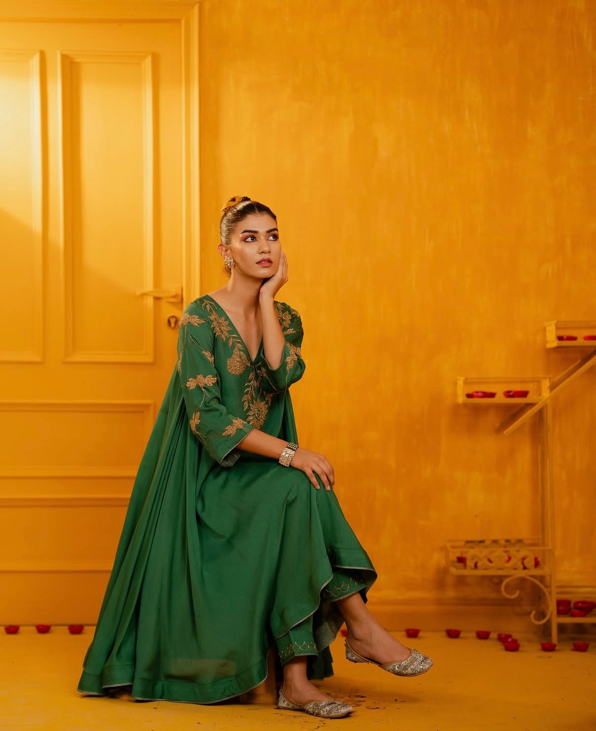 Green Mul Silk Antique Hand Embroidered Anarkali Suit Set