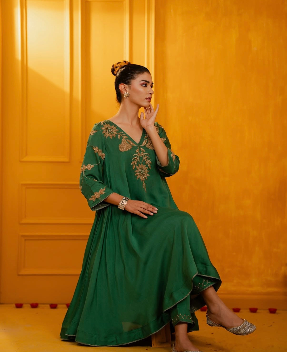 Green Mul Silk Antique Hand Embroidered Anarkali Suit Set