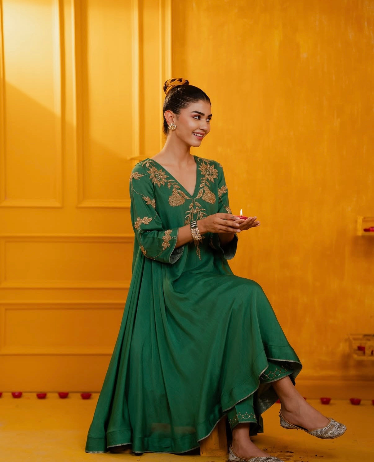 Green Mul Silk Antique Hand Embroidered Anarkali Suit Set