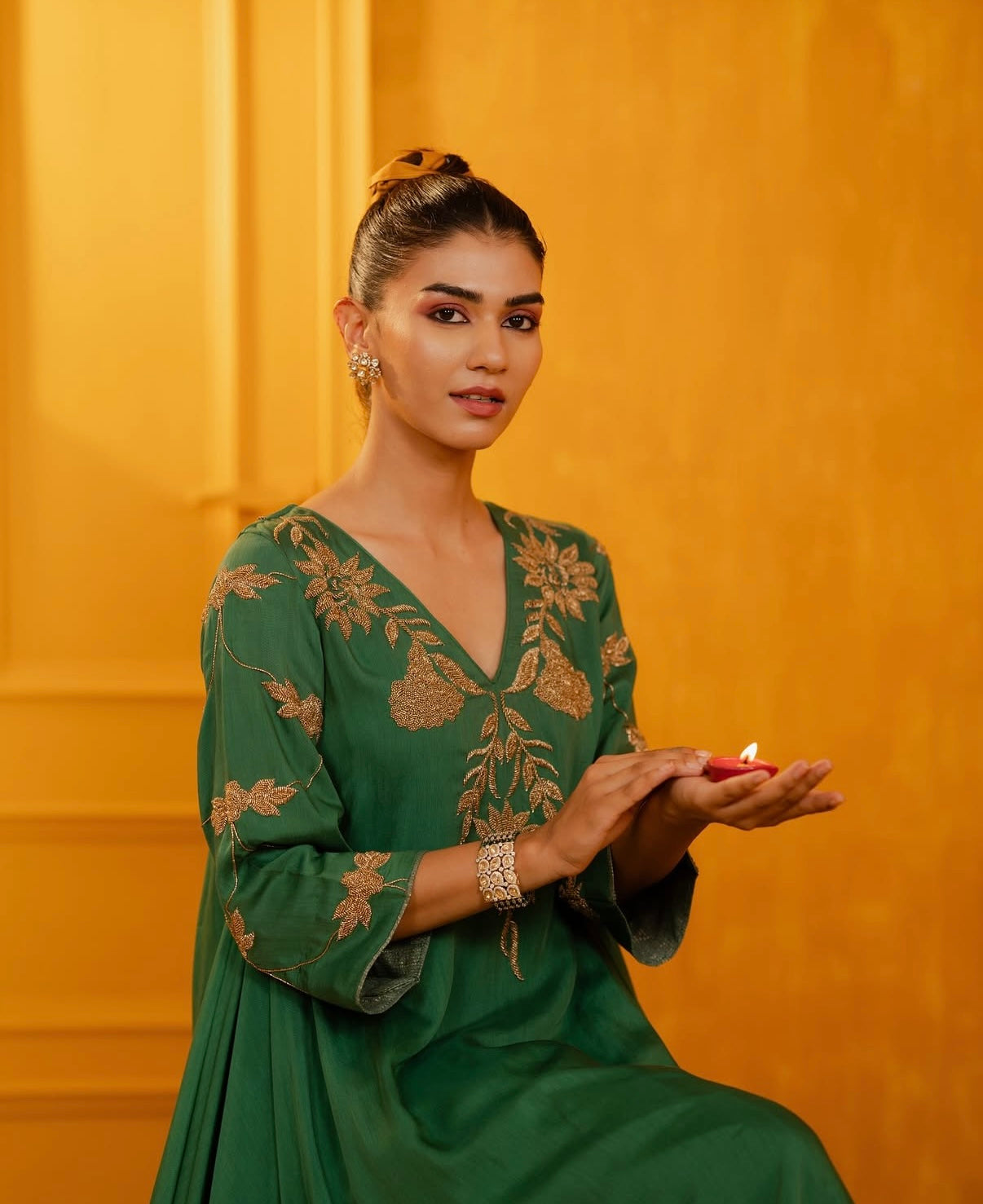 Green Mul Silk Antique Hand Embroidered Anarkali Suit Set