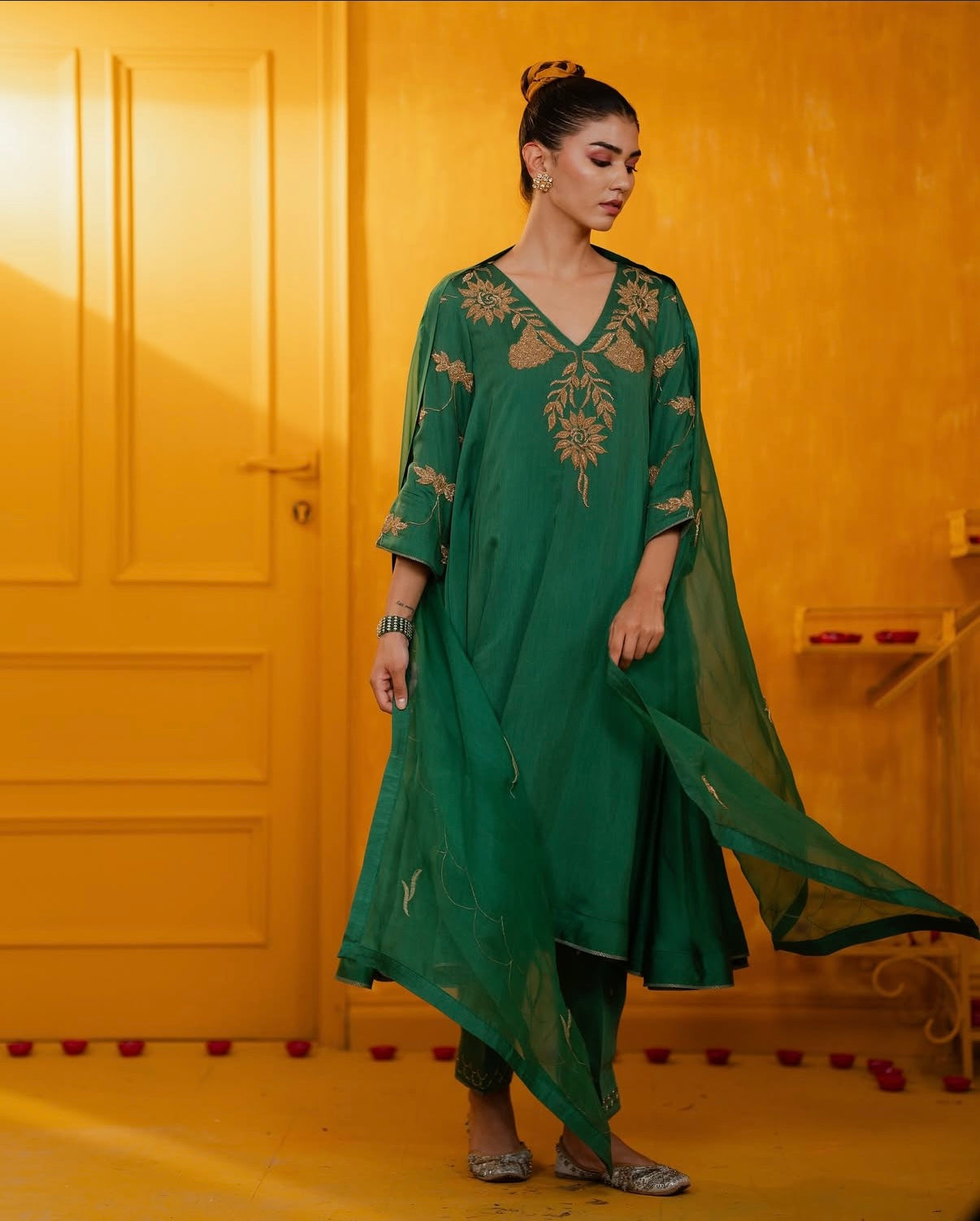 Green Mul Silk Antique Hand Embroidered Anarkali Suit Set