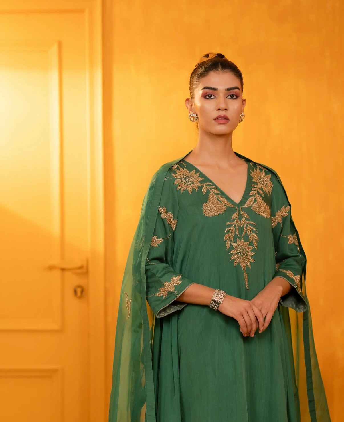 Green Mul Silk Antique Hand Embroidered Anarkali Suit Set