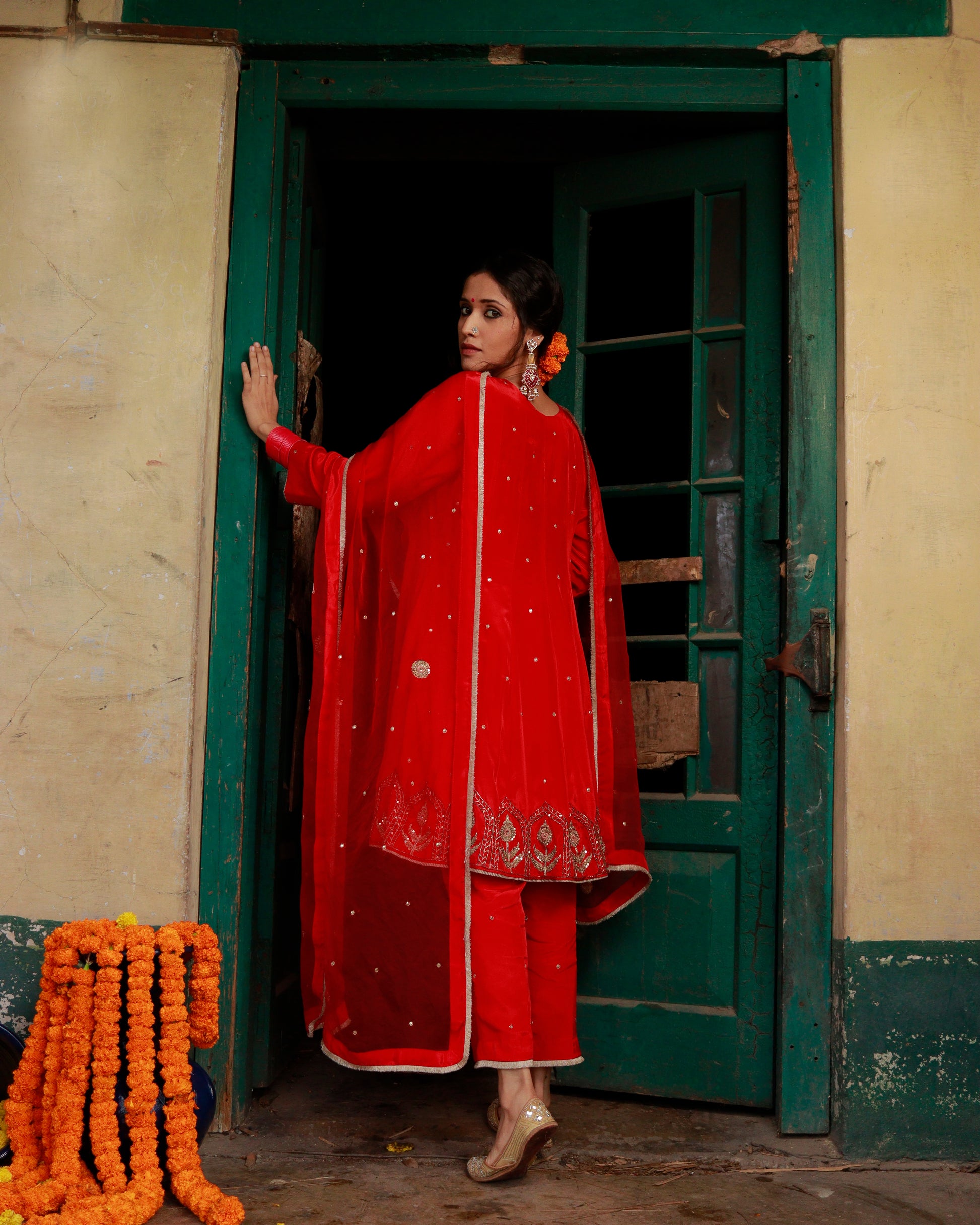 Red Silk Hand Embroidered Short Anarkali Set With Silk Organza Dupatta