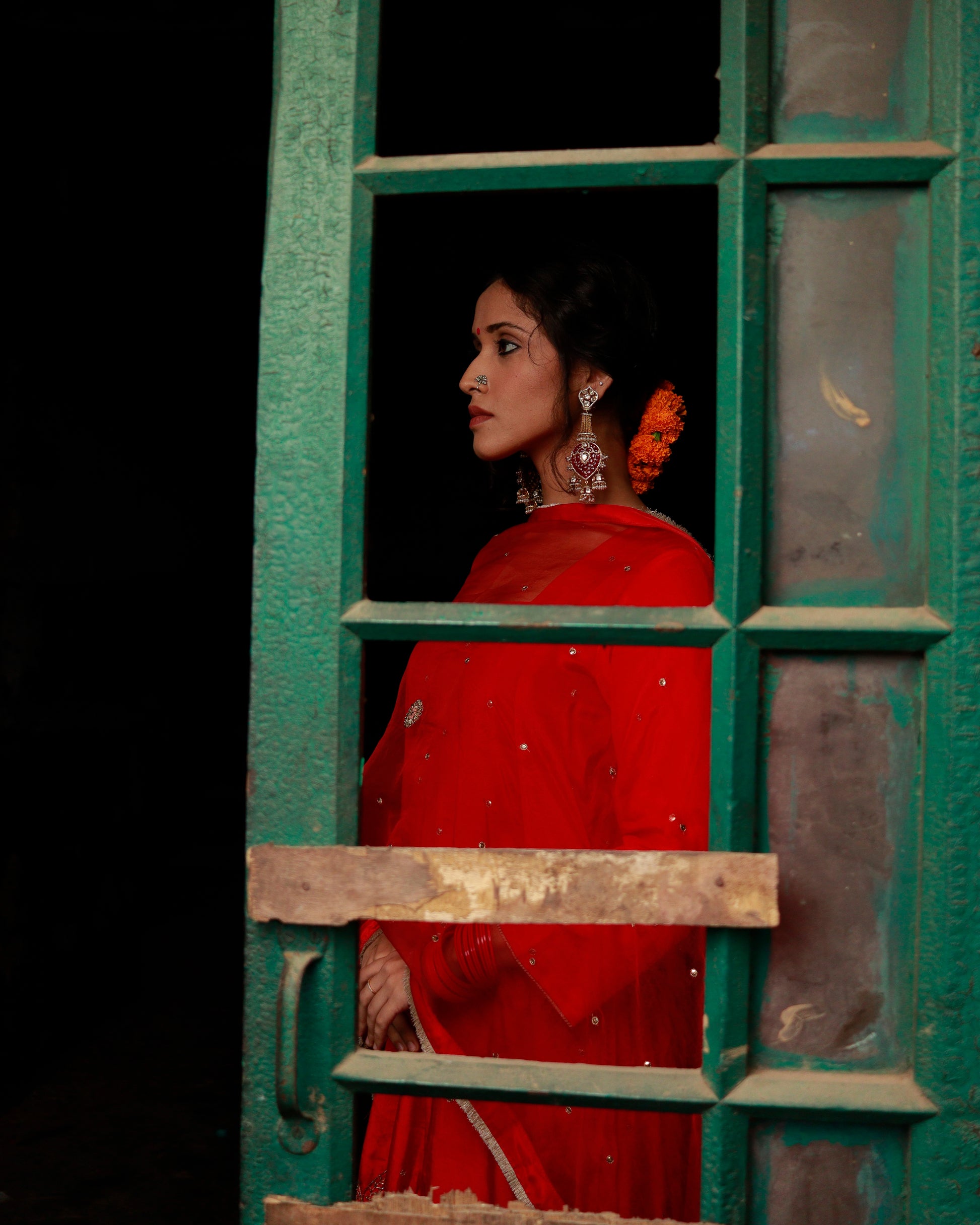 Red Silk Hand Embroidered Short Anarkali Set With Silk Organza Dupatta