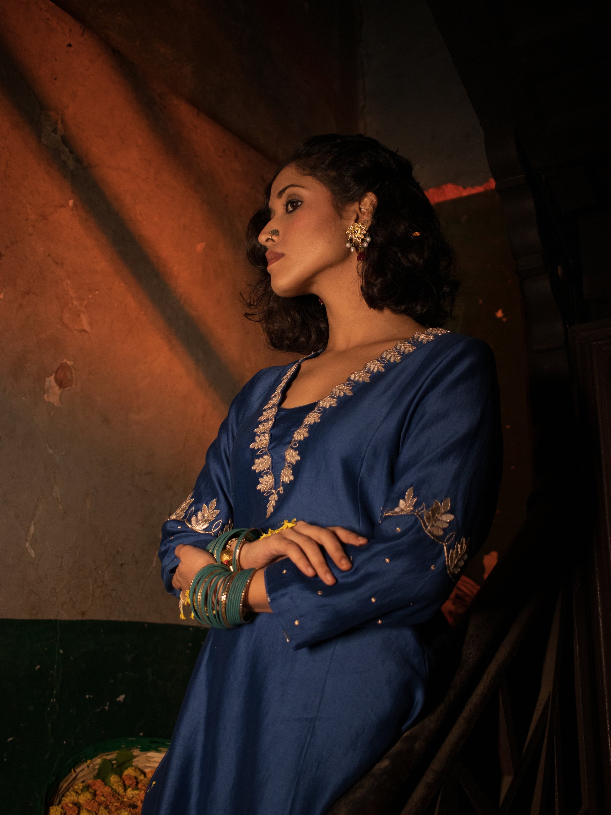 Egyptian Blue Silk Chanderi Gotta Patti Hand Embroidered Kalidaar Set With Silk Organza Dupatta