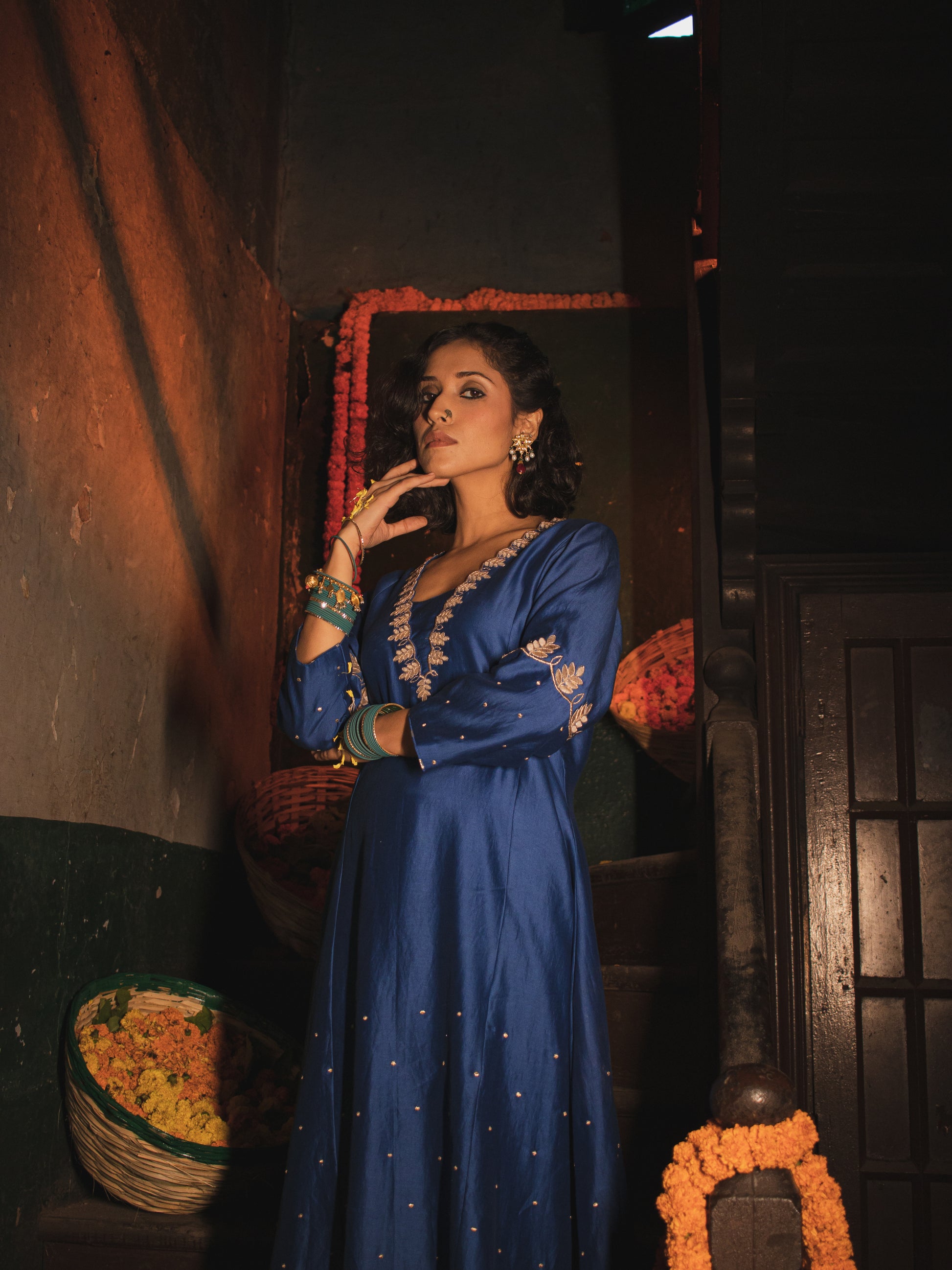 Egyptian Blue Silk Chanderi Gotta Patti Hand Embroidered Kalidaar Set With Silk Organza Dupatta