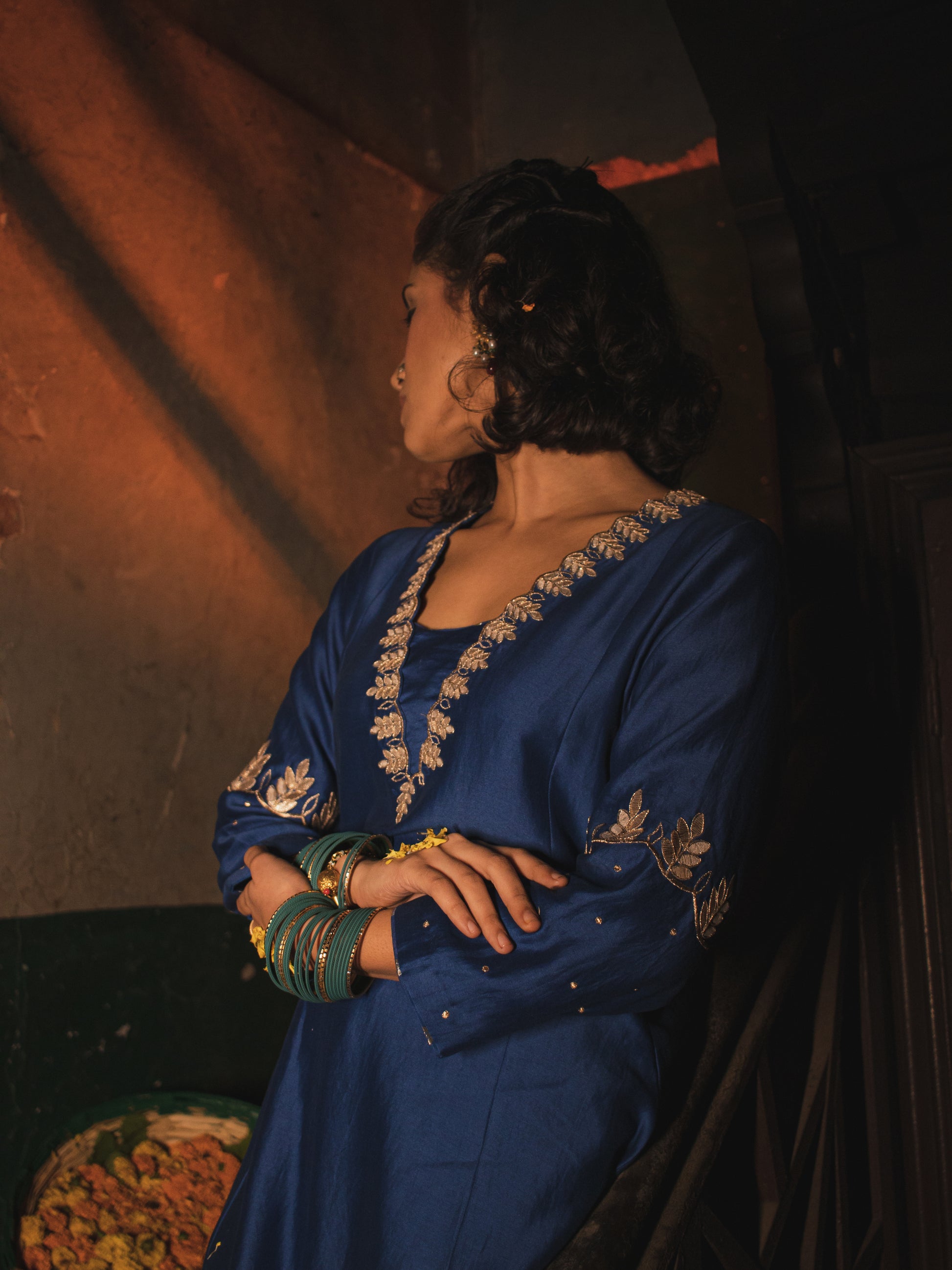 Egyptian Blue Silk Chanderi Gotta Patti Hand Embroidered Kalidaar Set With Silk Organza Dupatta