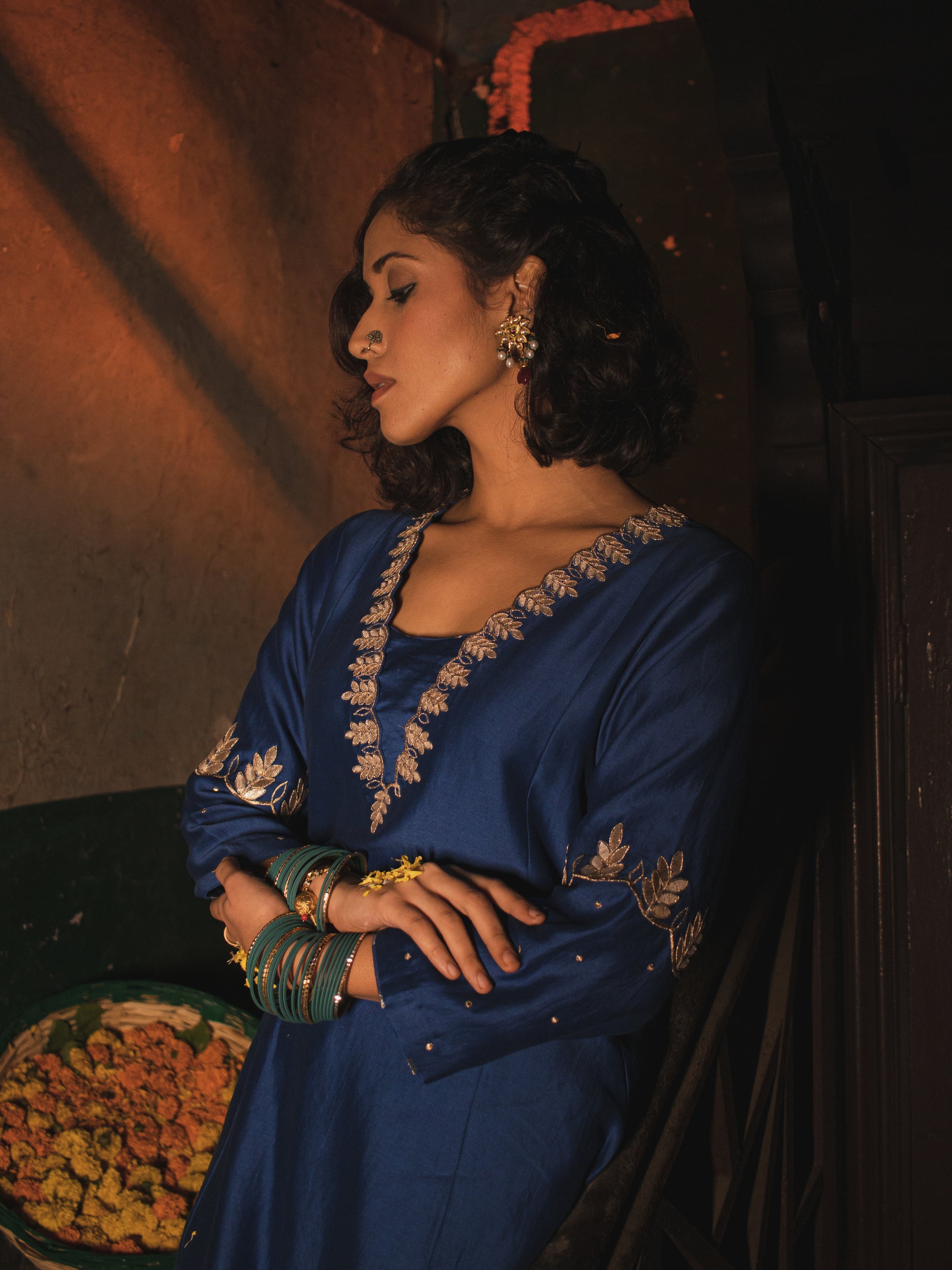 Egyptian Blue Silk Chanderi Gotta Patti Hand Embroidered Kalidaar Set With Silk Organza Dupatta