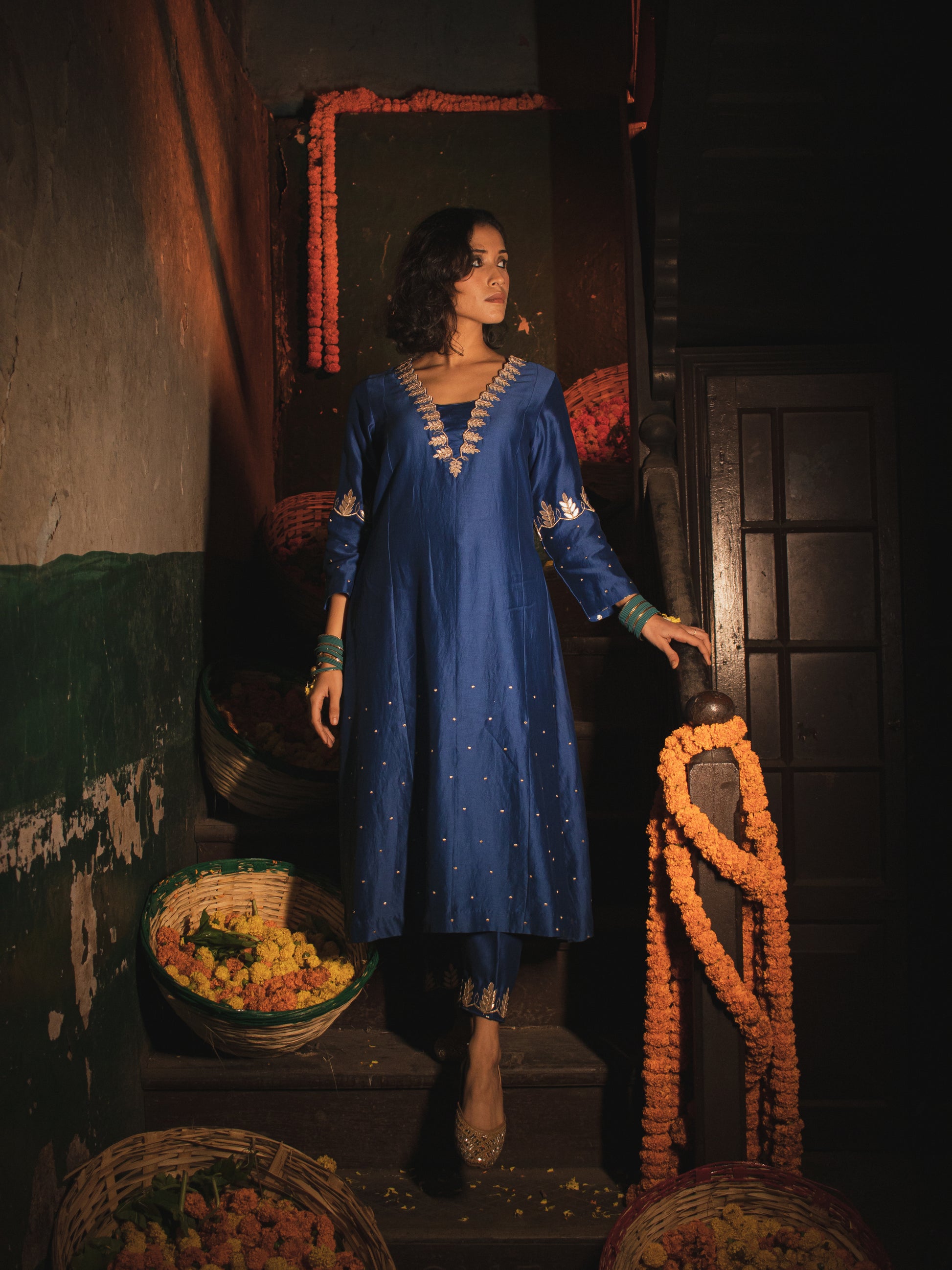 Egyptian Blue Silk Chanderi Gotta Patti Hand Embroidered Kalidaar Set With Silk Organza Dupatta