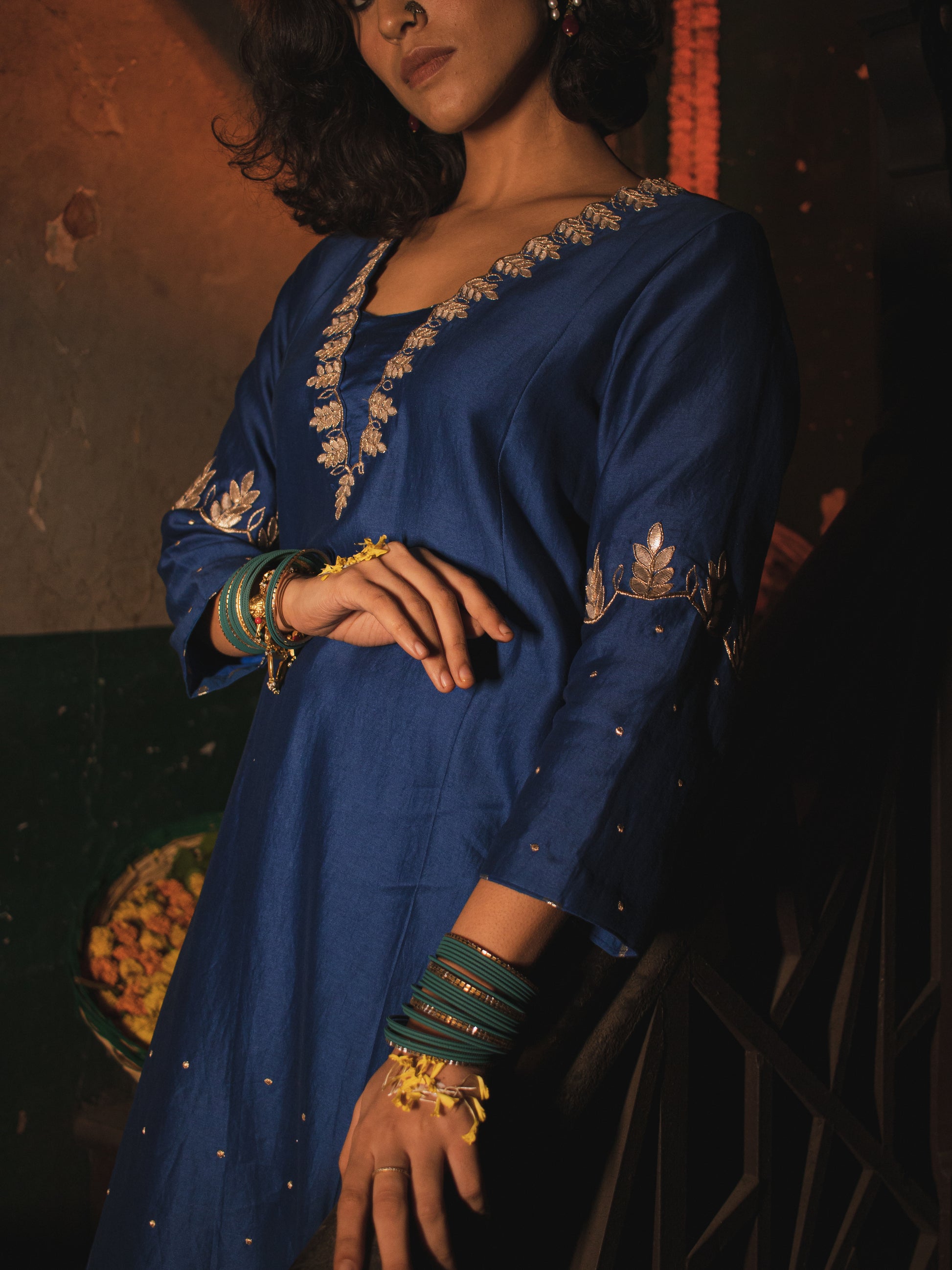 Egyptian Blue Silk Chanderi Gotta Patti Hand Embroidered Kalidaar Set With Silk Organza Dupatta