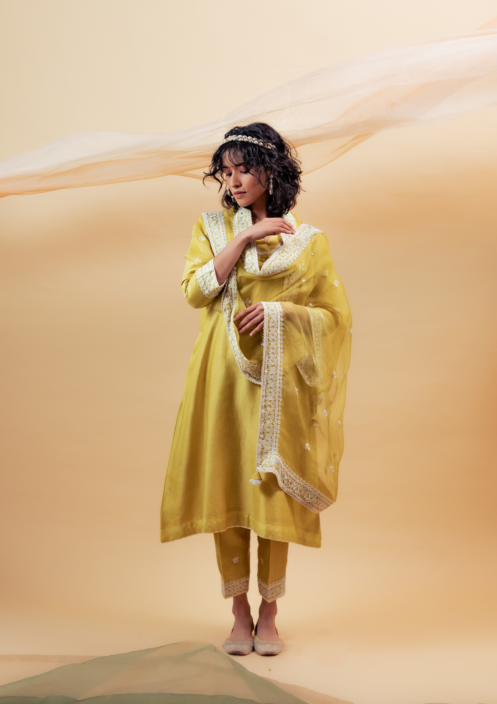 Lime Green Silk Chanderi Kurta with Pants and Dupatta