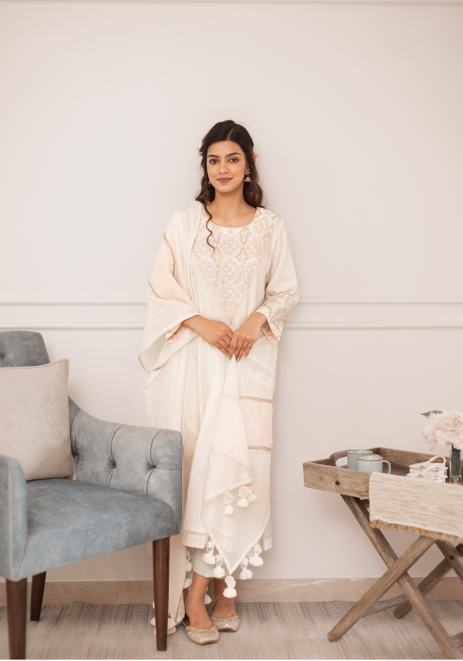 Off White Chanderi Hand Embroidered Kurta with Pants and Dupatta