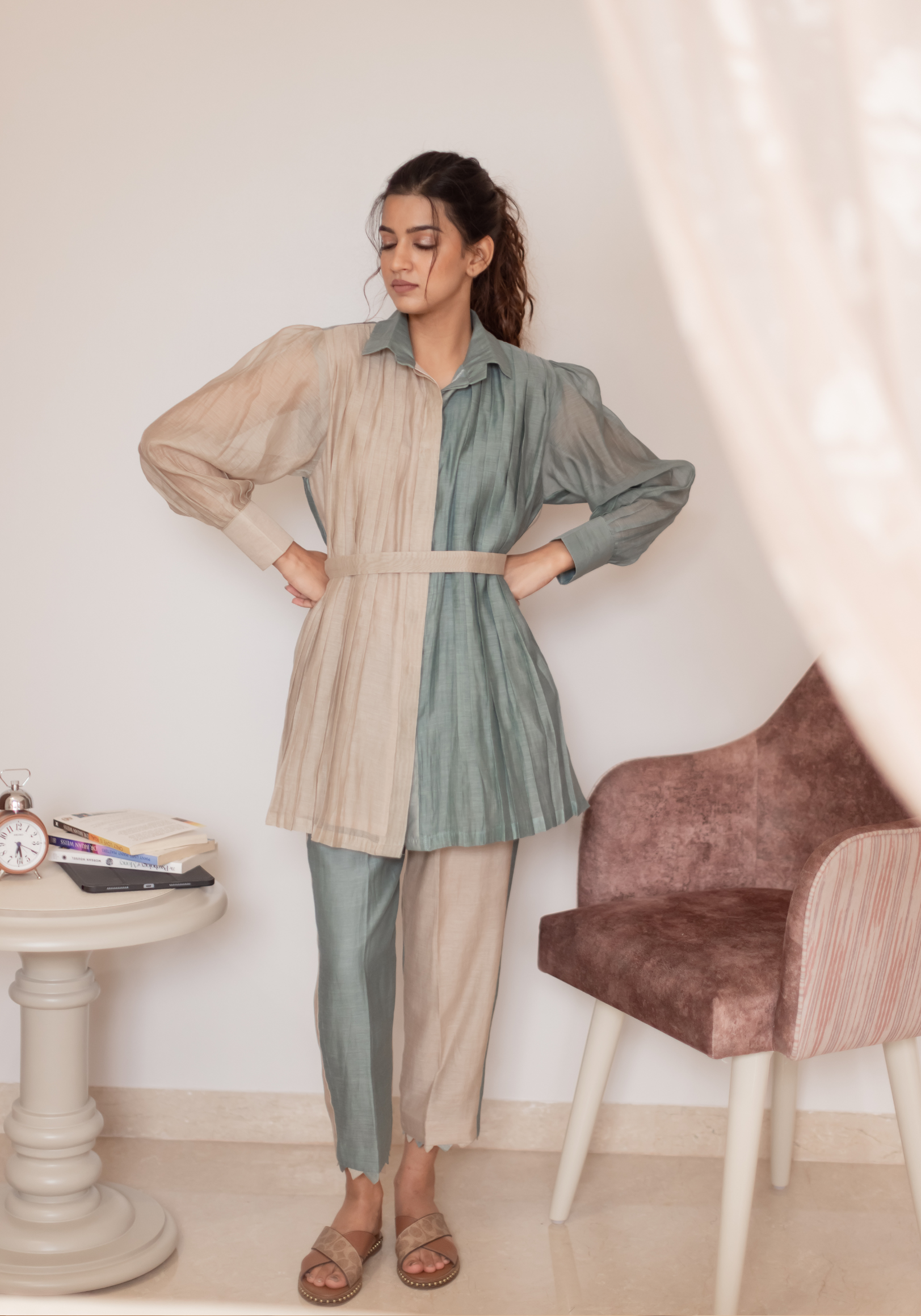 Eggshell Blue and Beige Mul Chanderi Pleated Shirt Tunic with Pants
