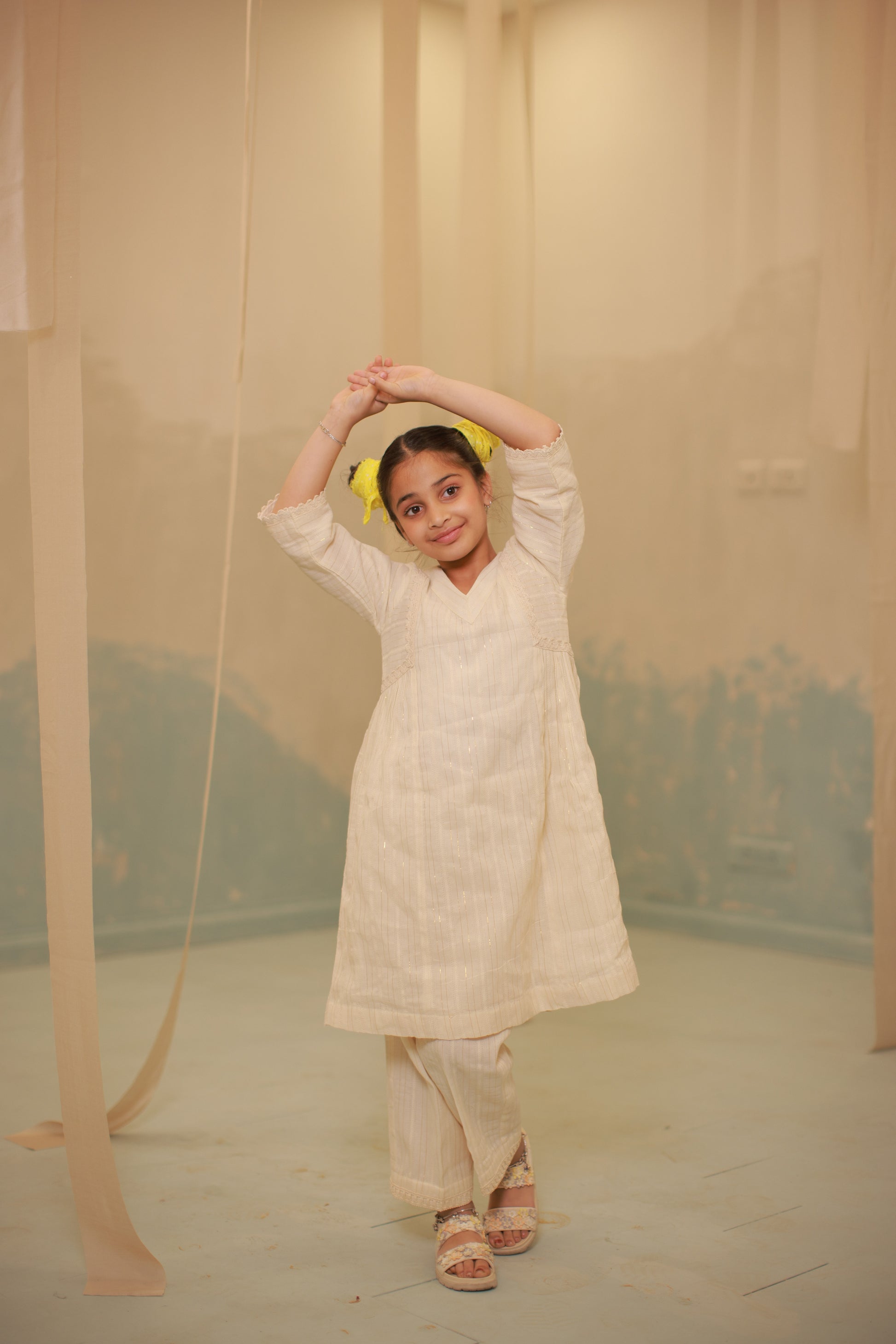Off-White Gathered Lace Detail Co-ord Set for Kids