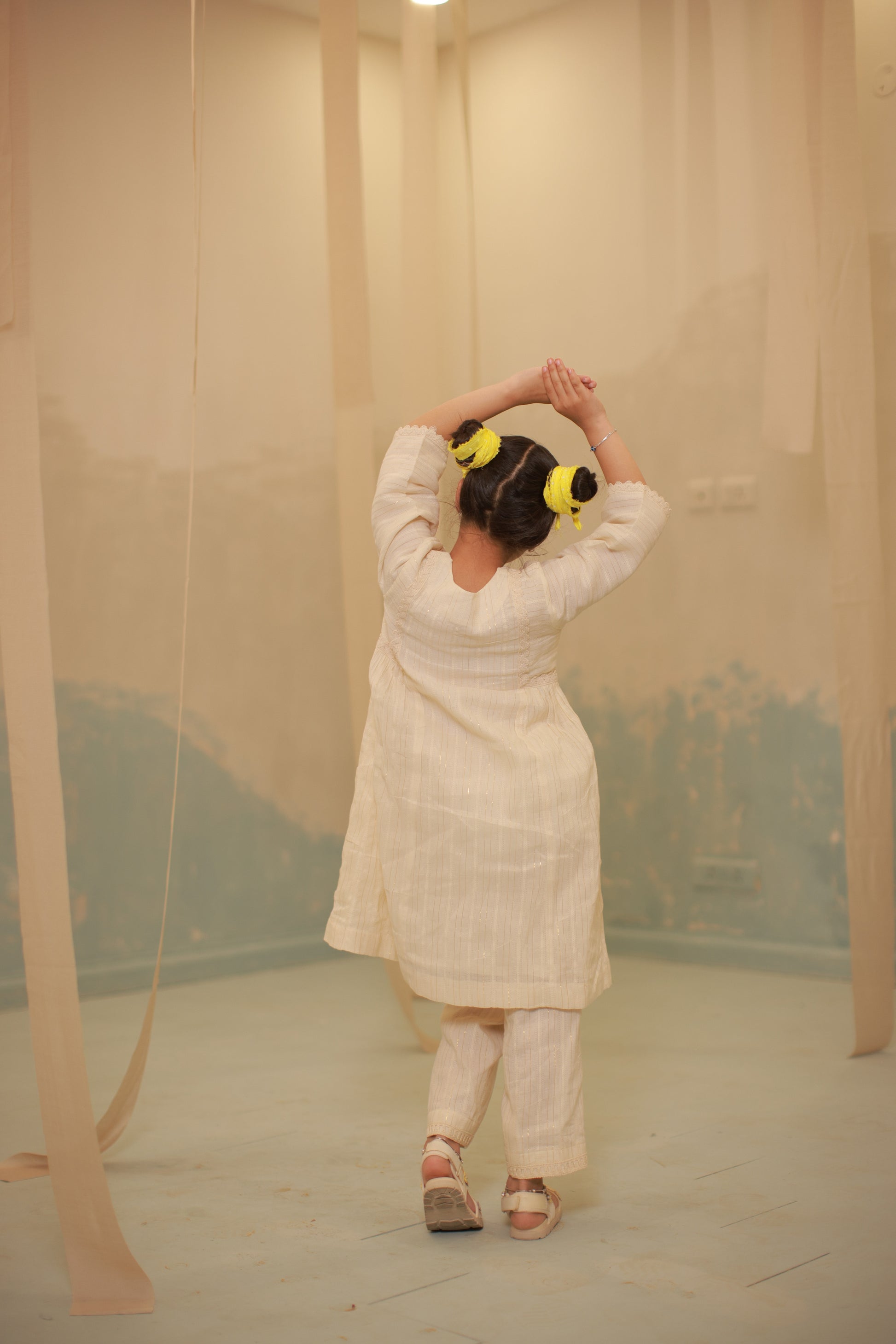 Off-White Gathered Lace Detail Co-ord Set for Kids