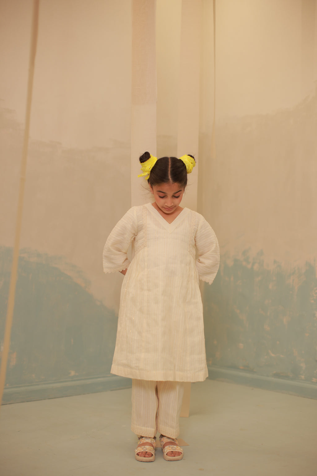 Off-White Gathered Lace Detail Co-ord Set for Kids