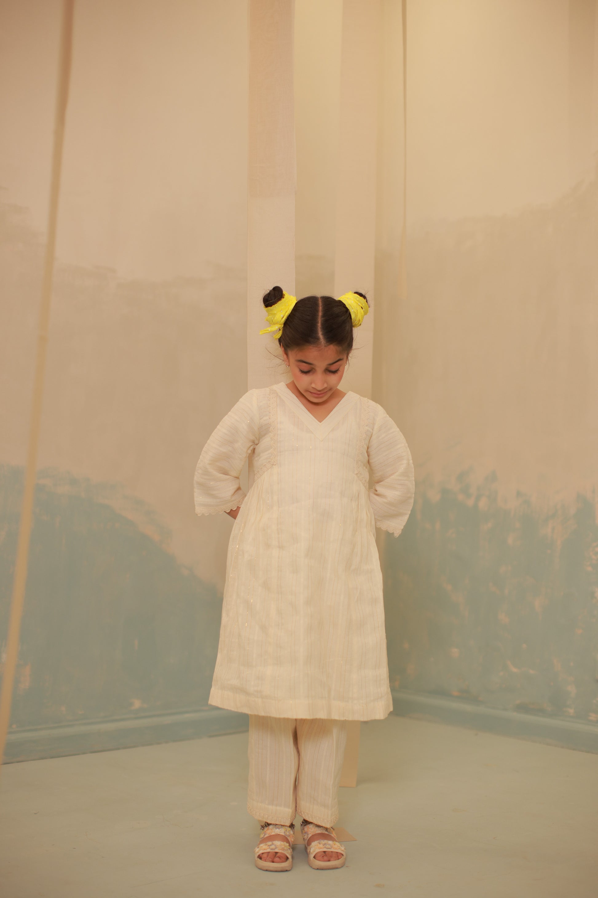 Off-White Gathered Lace Detail Co-ord Set for Kids