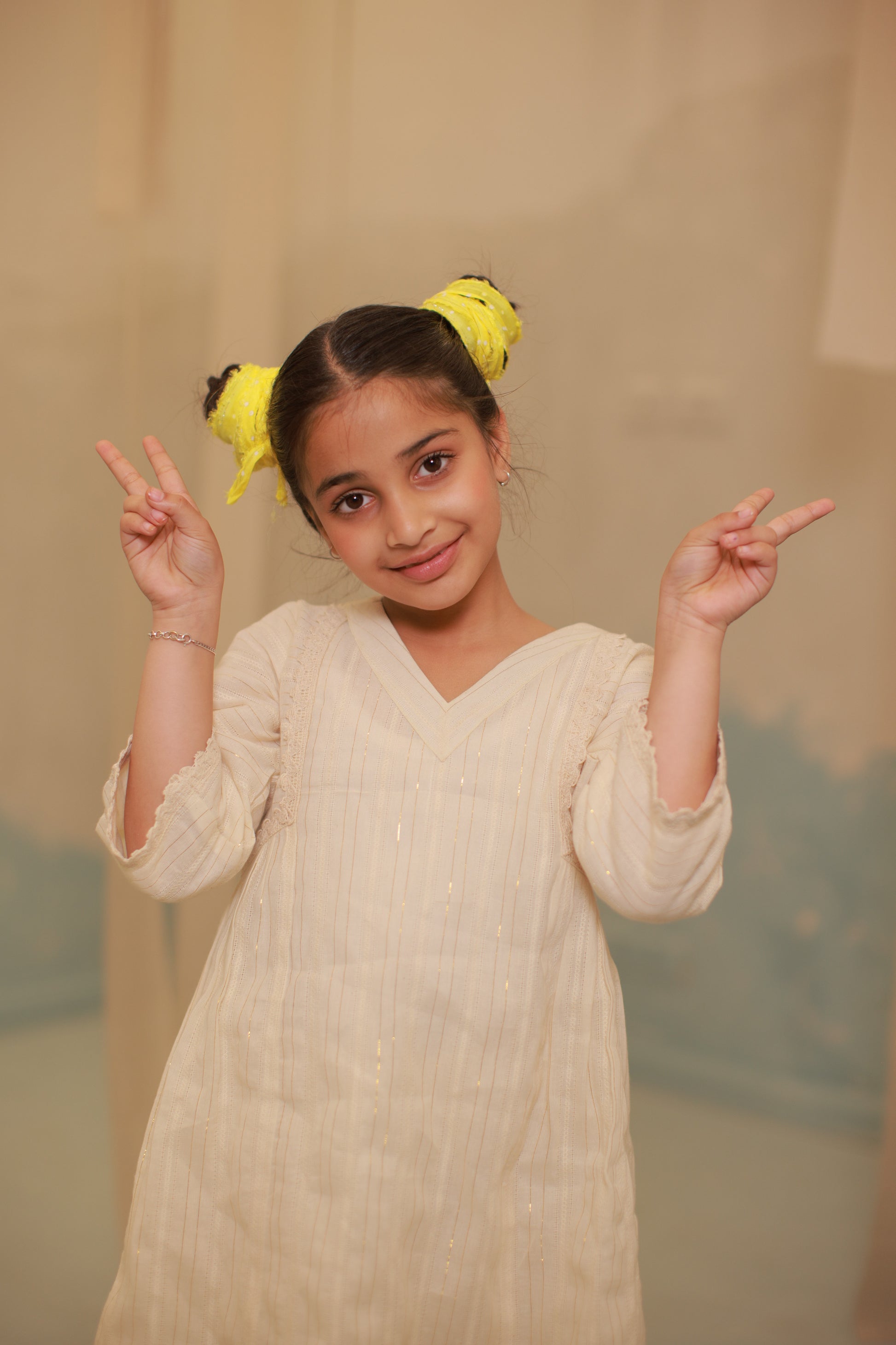 Off-White Gathered Lace Detail Co-ord Set for Kids