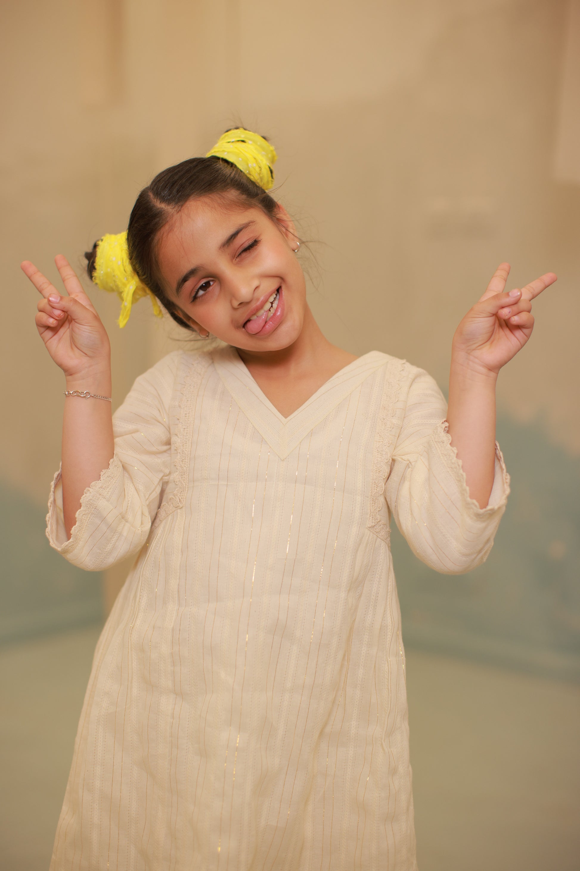 Off-White Gathered Lace Detail Co-ord Set for Kids