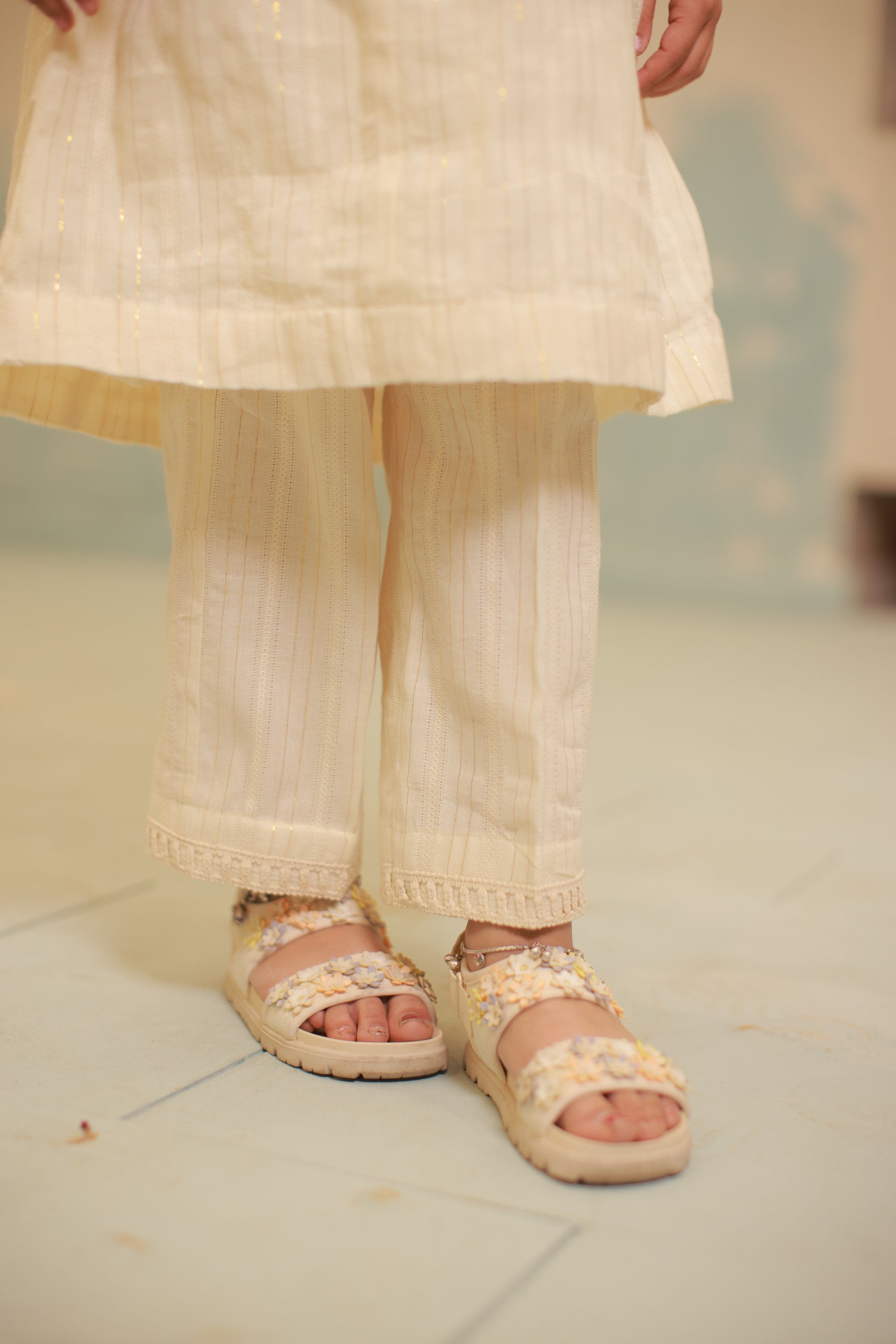 Off-White Gathered Lace Detail Co-ord Set for Kids