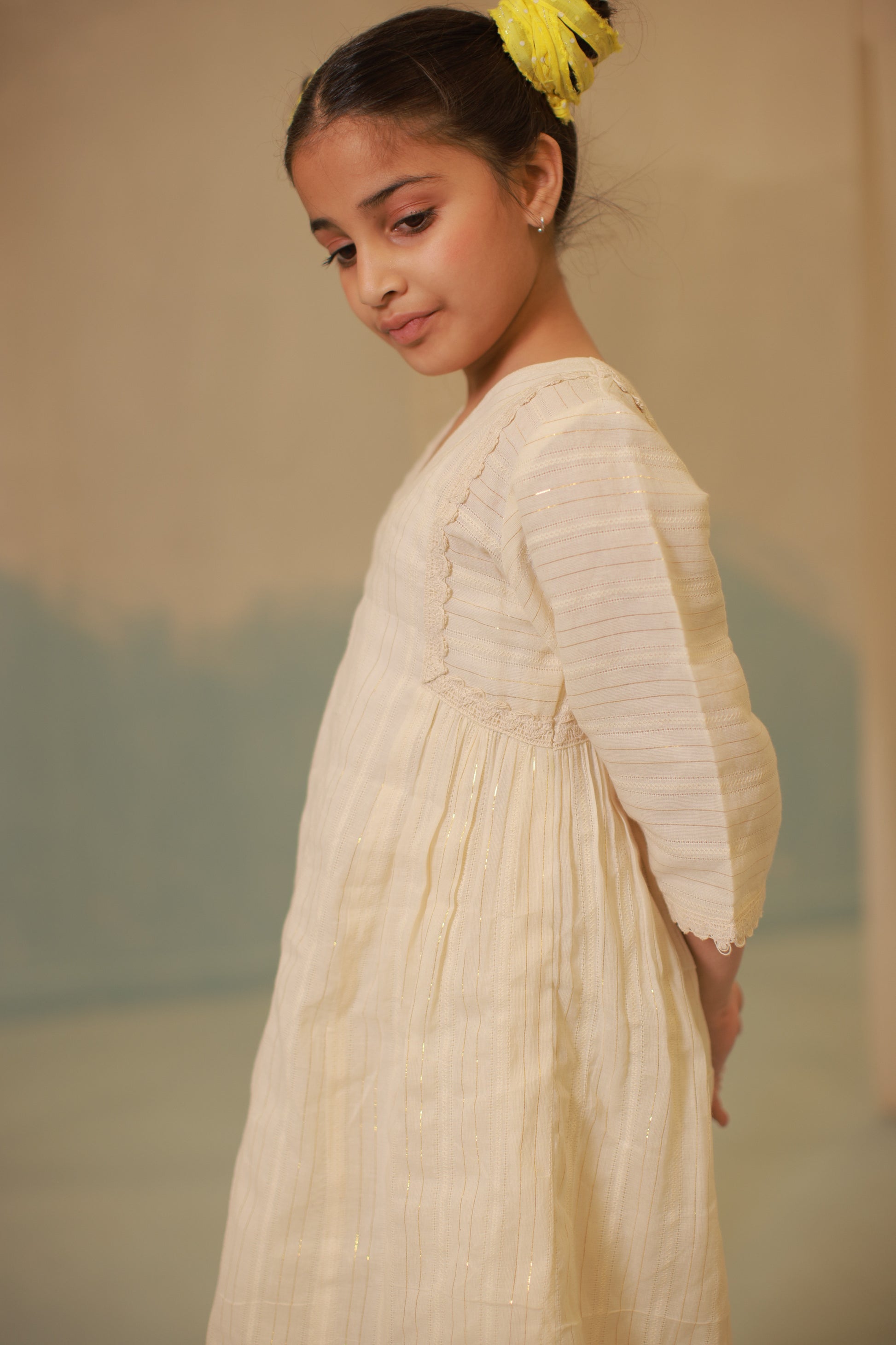 Off-White Gathered Lace Detail Co-ord Set for Kids