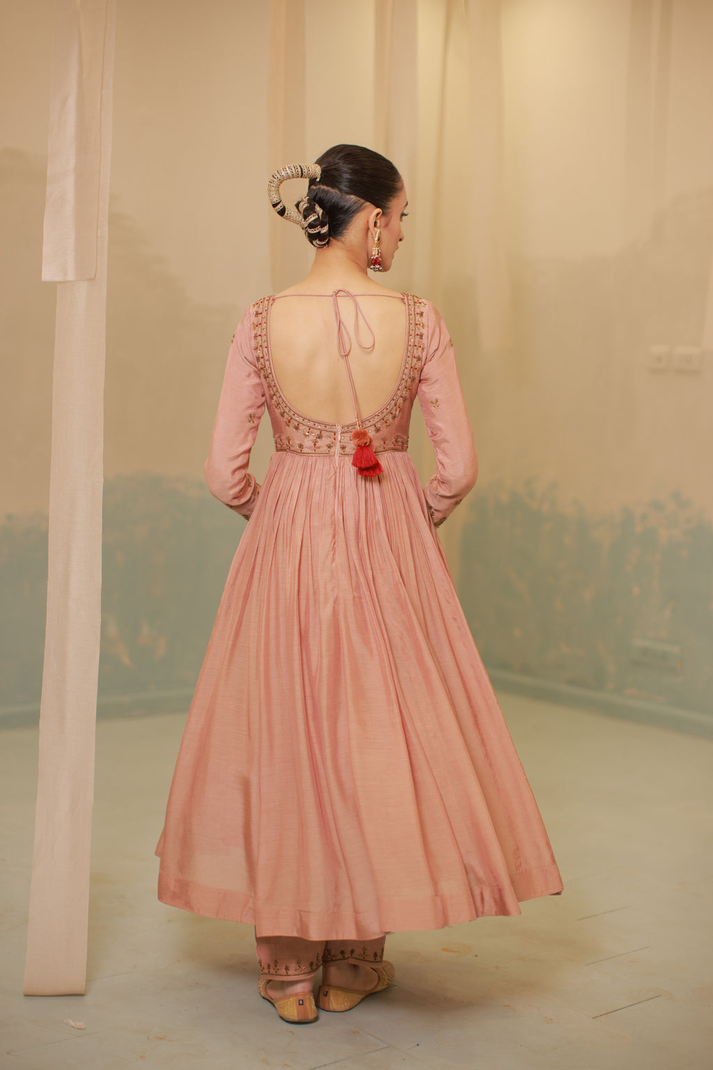 Cinnamon brown mul silk hand embroidered anarkali suit set
