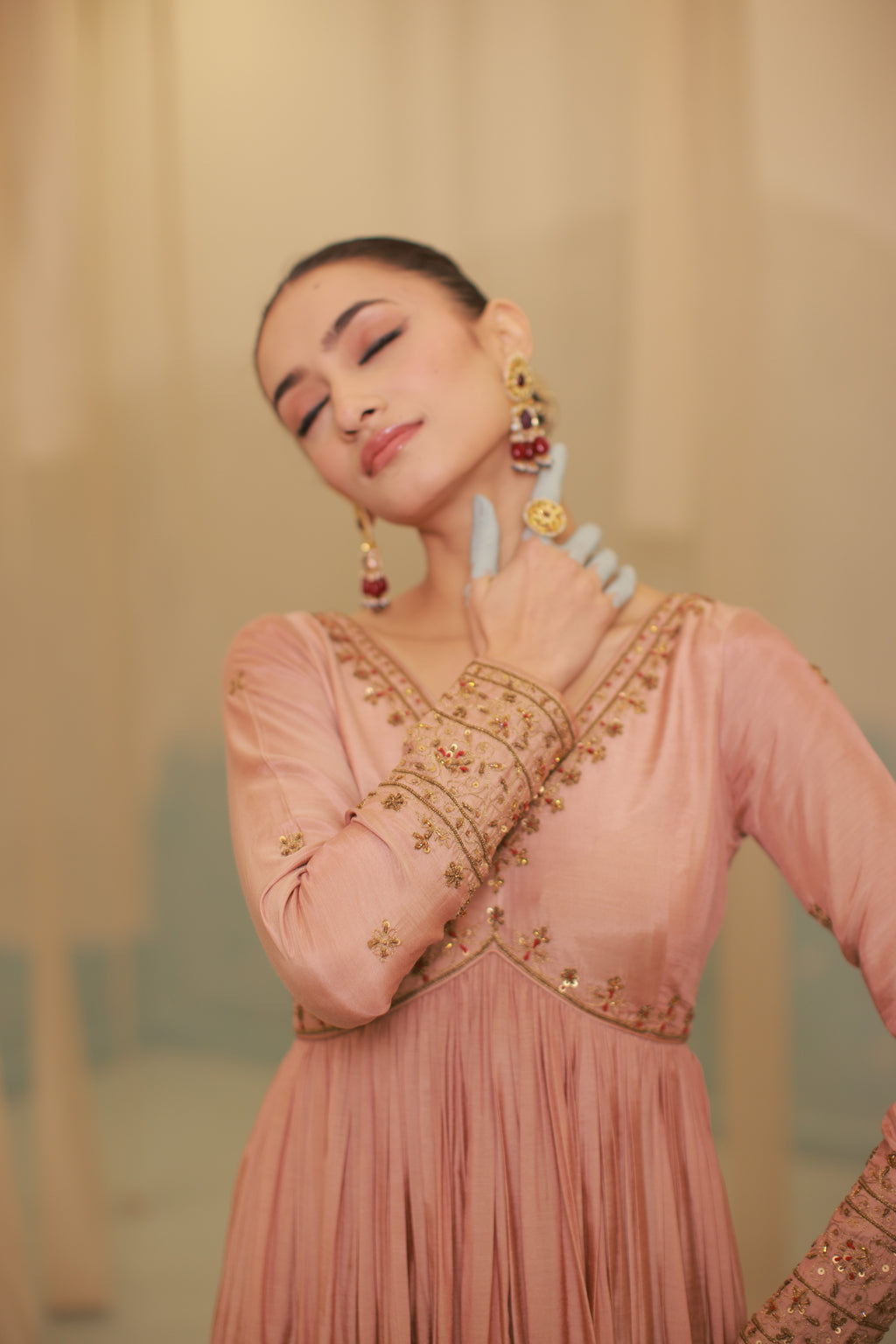 Cinnamon brown mul silk hand embroidered anarkali suit set